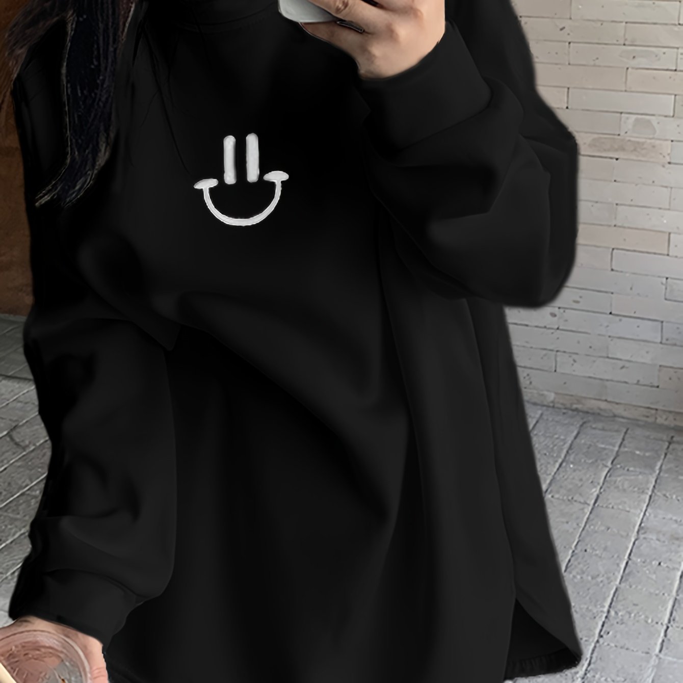 Antmvs Smile Face & Letter Print Pullover Sweatshirt, Casual Long Sleeve Crew Neck Sweatshirt For Fall & Winter, Women's Clothing