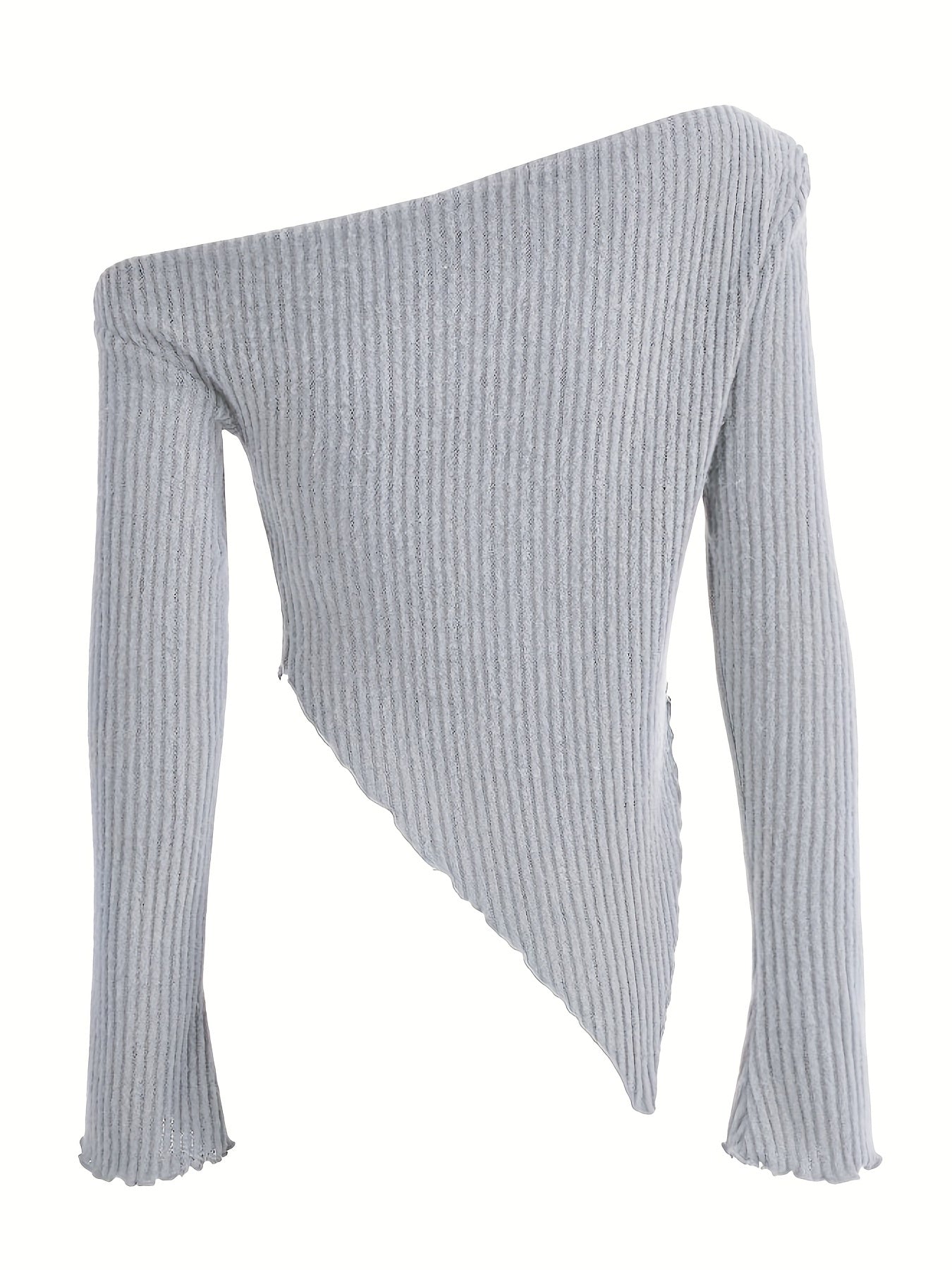 Antmvs Solid Ruched Asymmetrical Neck T-Shirt, Casual Hanky Hem Long Sleeve Top For Spring & Fall, Women's Clothing
