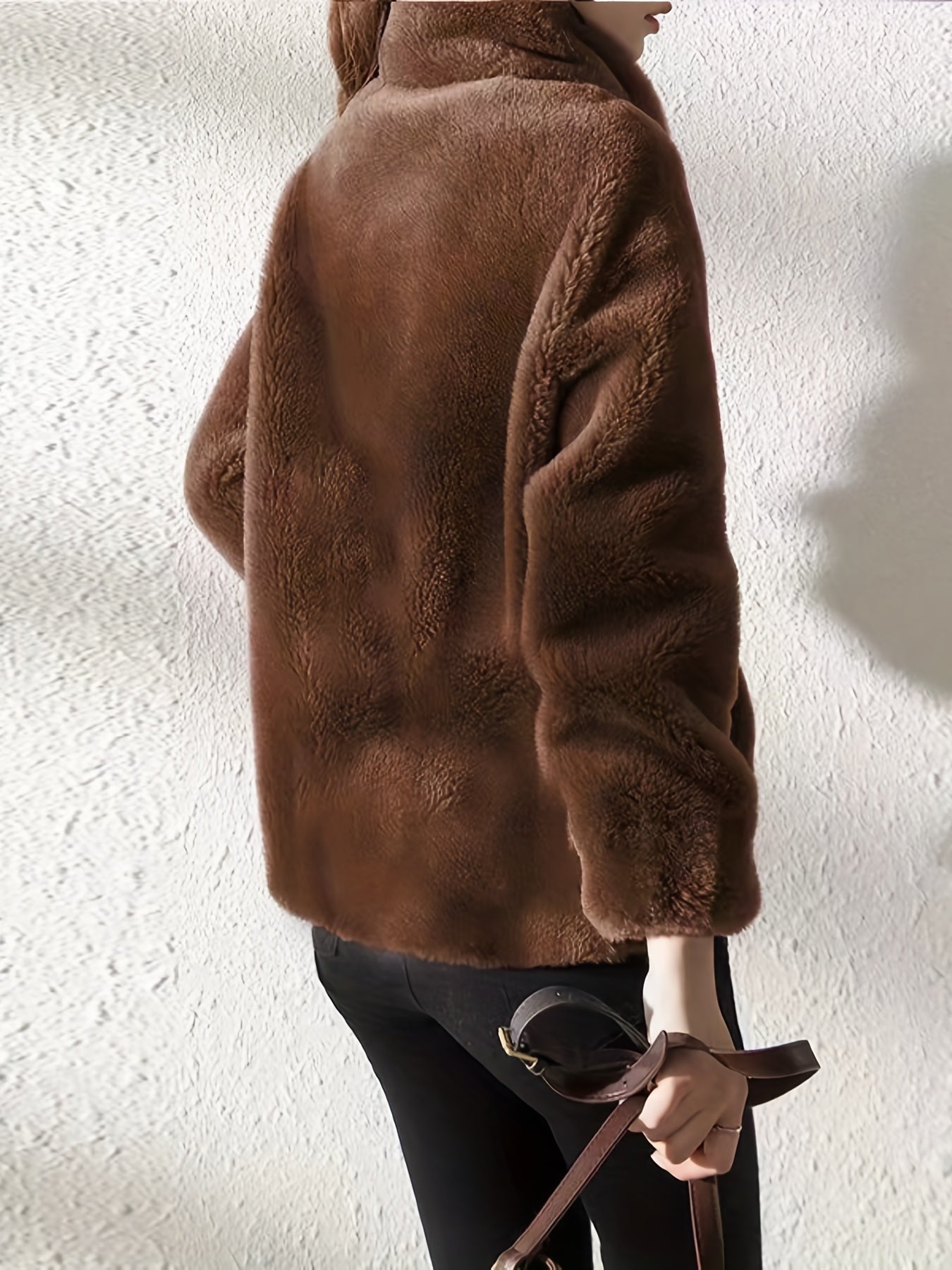 Antmvs Drawstring Teddy Coat, Casual Zip Up Long Sleeve Warm Outerwear, Women's Clothing