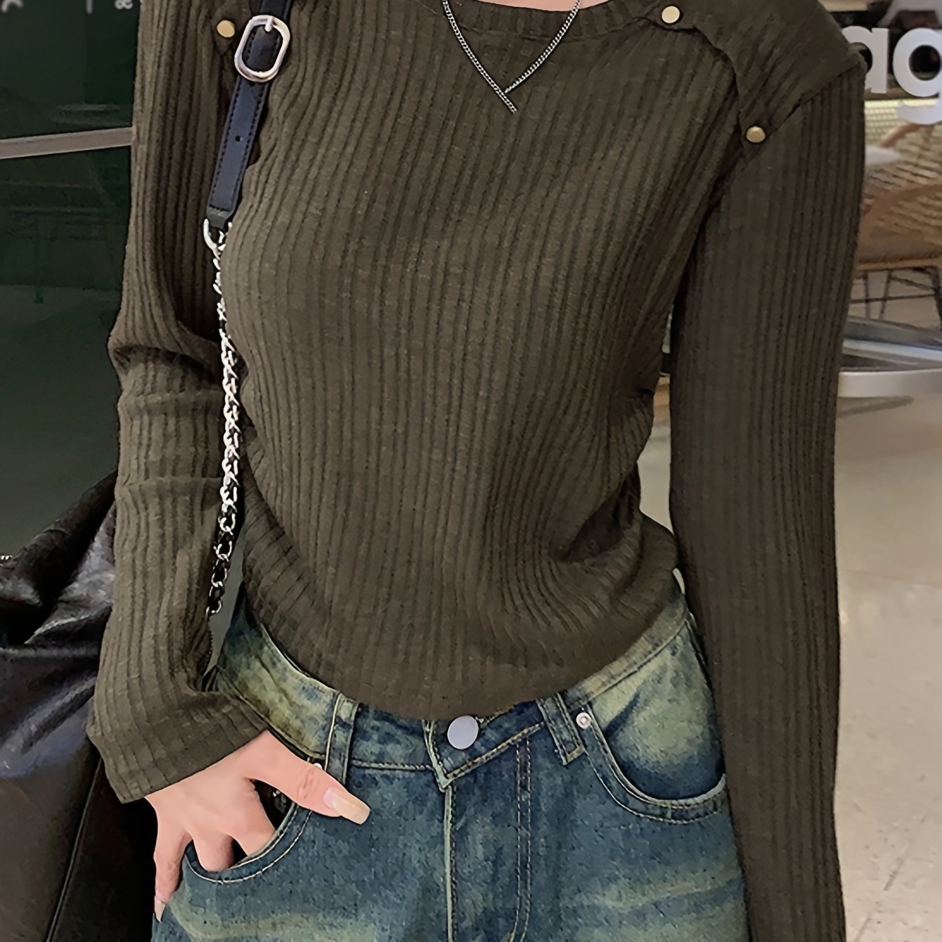 Antmvs Solid Crew Neck Rib Knit Top, Casual Long Sleeve Slim Crop Sweater For Spring & Fall, Women's Clothing