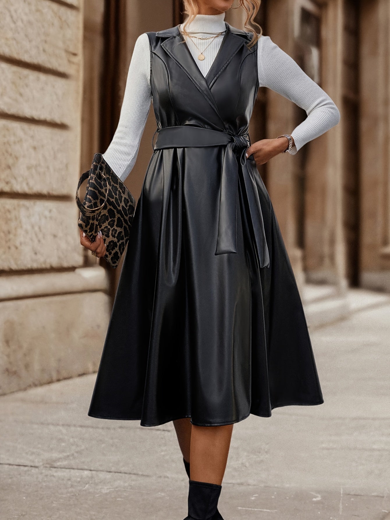 Antmvs Solid Lapel Belted Dress, Elegant Faux Leather Sleeveless Dress, Women's Clothing