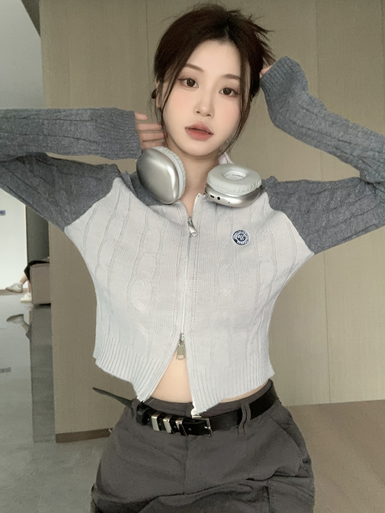 Antmvs Color Block Zip Up Cable Knit Cardigan, Casual Long Sleeve Slim Crop Sweater, Women's Clothing