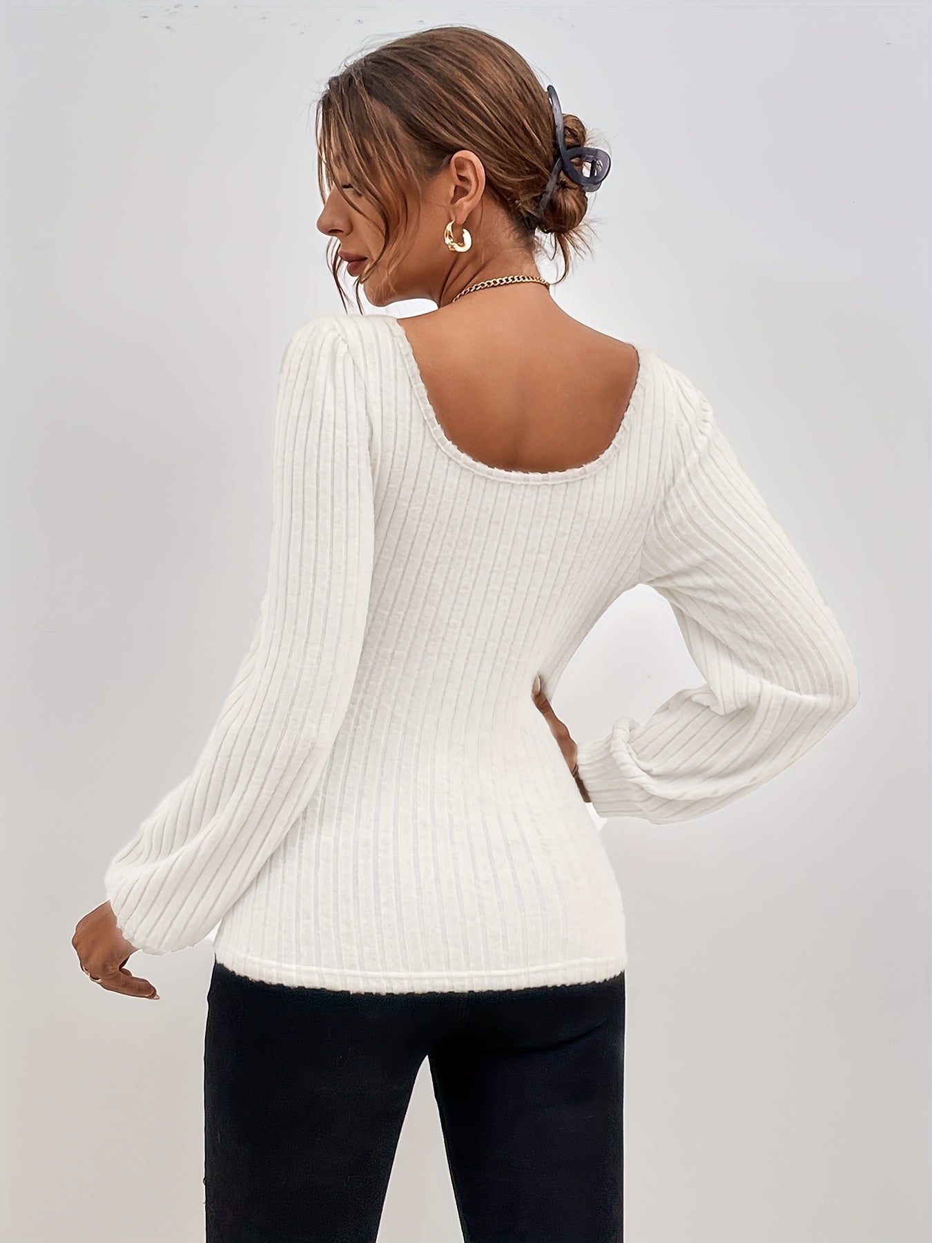 Antmvs Solid Square Neck Rib Knit Top, Elegant Long Sleeve Slim Sweater, Women's Clothing