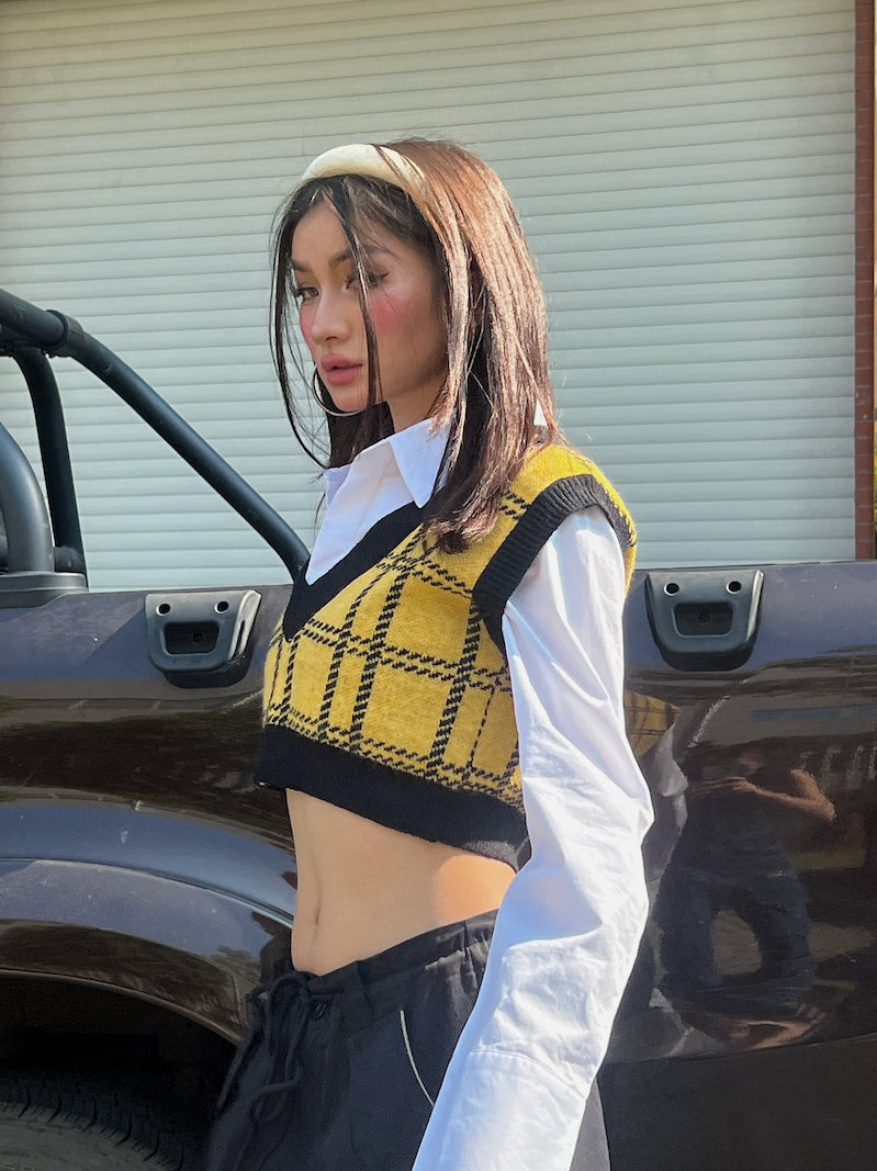Antmvs Tory Yellow Vintage Knitted Plaid Sleeveless Cropped Sweater Top