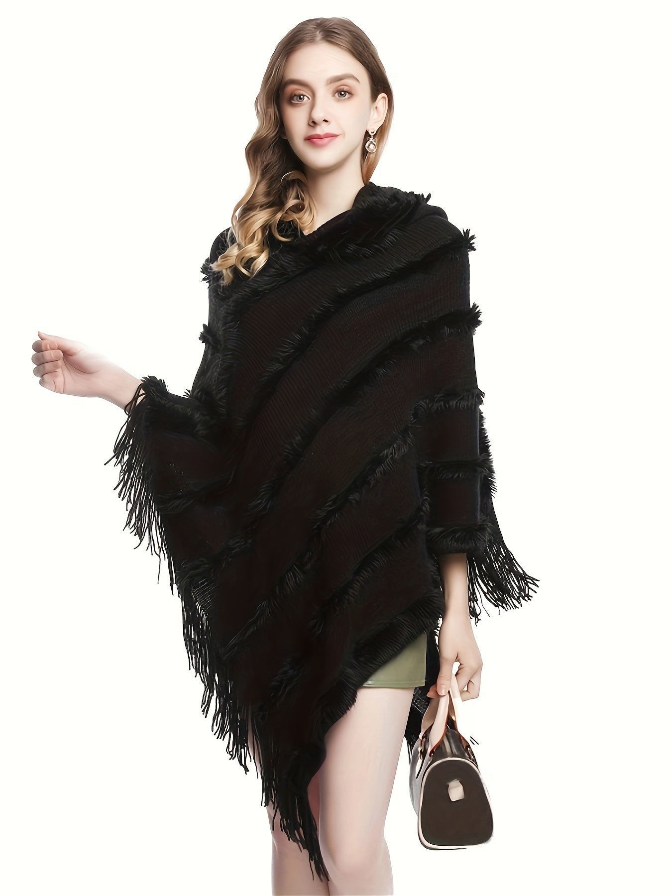 Antmvs Tassel Shawl Hooded Shawl Sweater, Vintage Solid Asymmetrical Hem Poncho Sweater, Women's Clothing