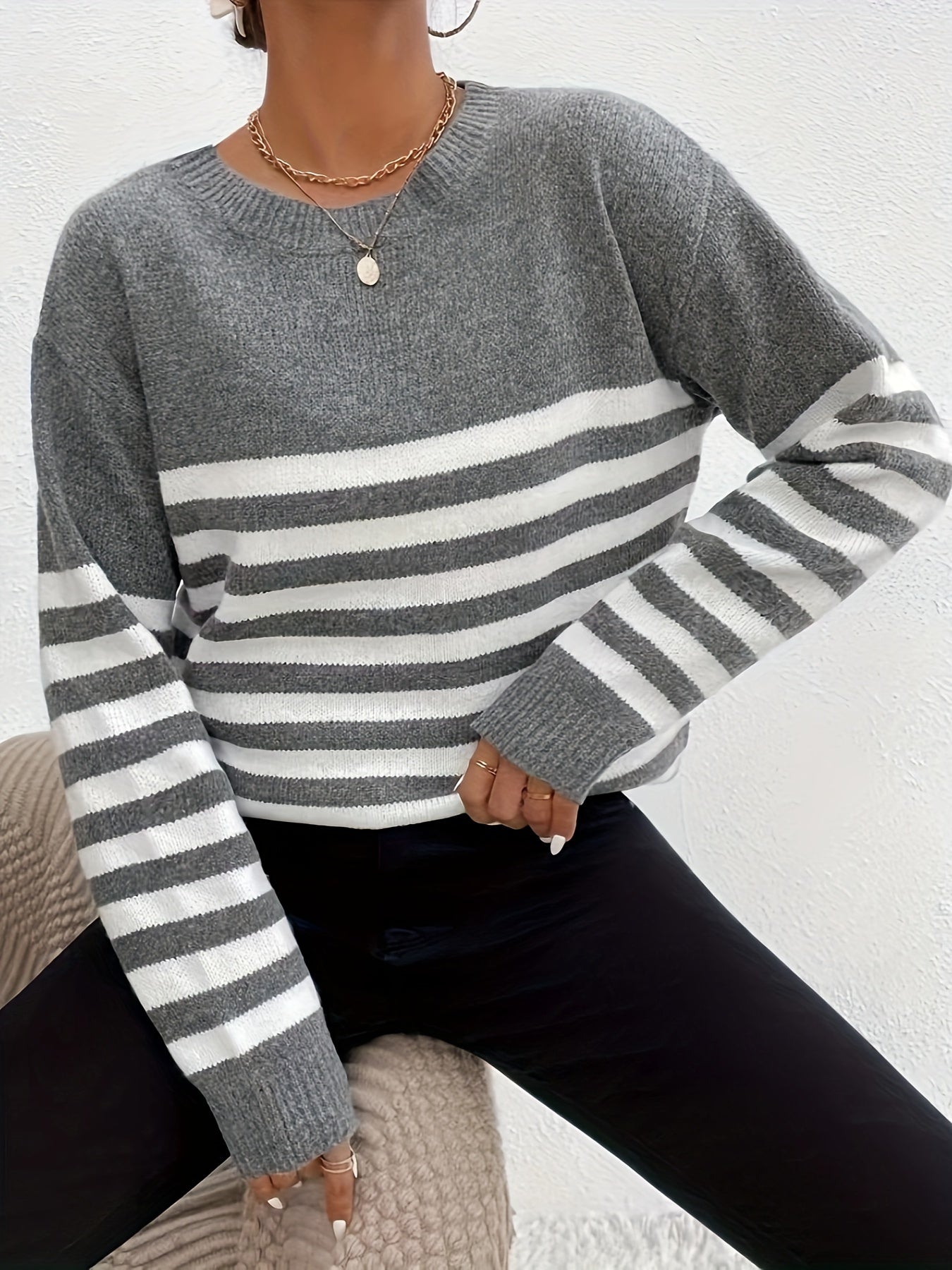 Antmvs Striped Crew Neck Pullover Sweater, Casual Long Sleeve Loose Knit Sweater, Women's Clothing