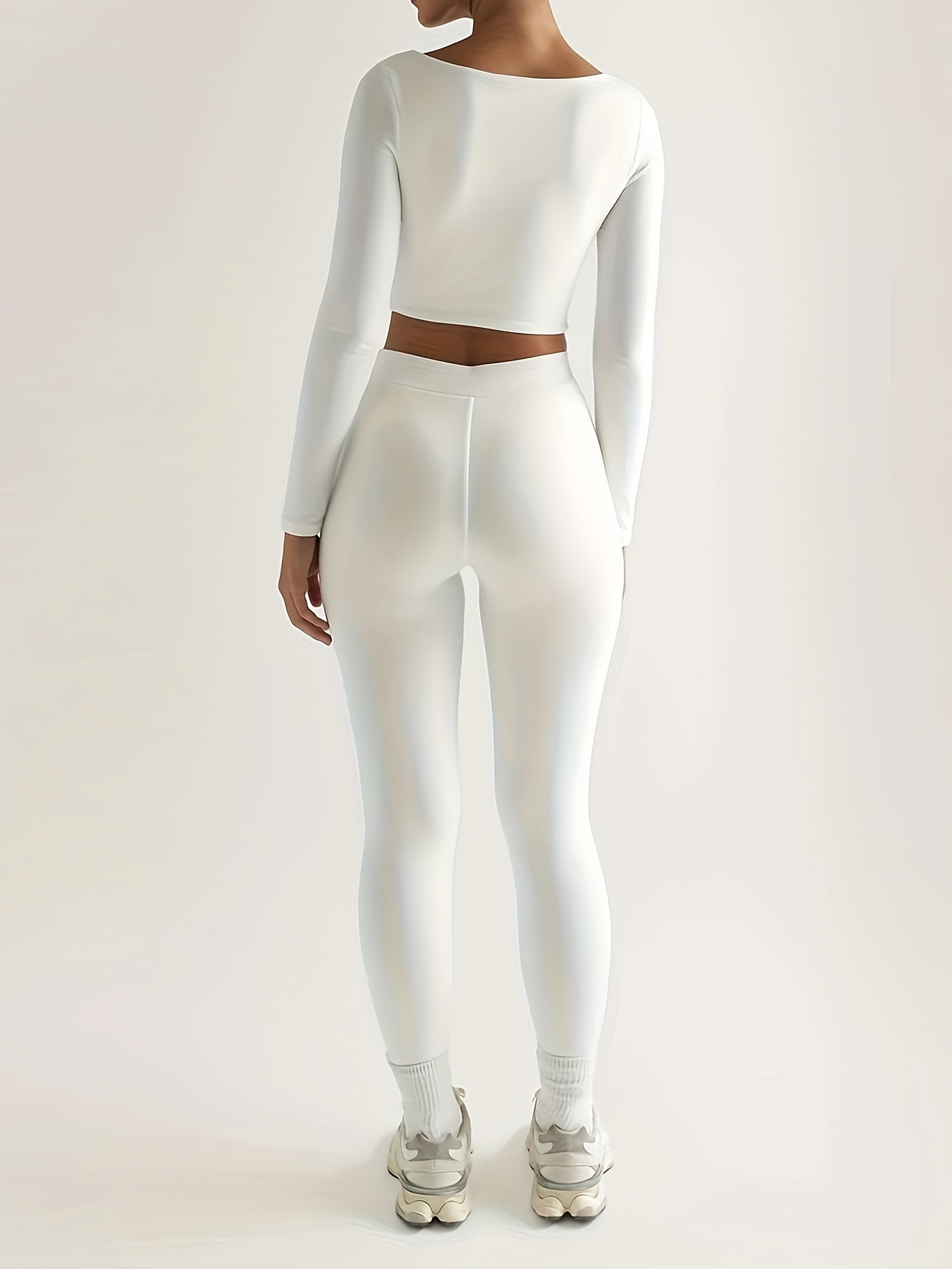 Antmvs Solid Slim Two-piece Set, Casual Long Sleeve Crop Top & High Waist Skinny Pants Outfits, Women's Clothing