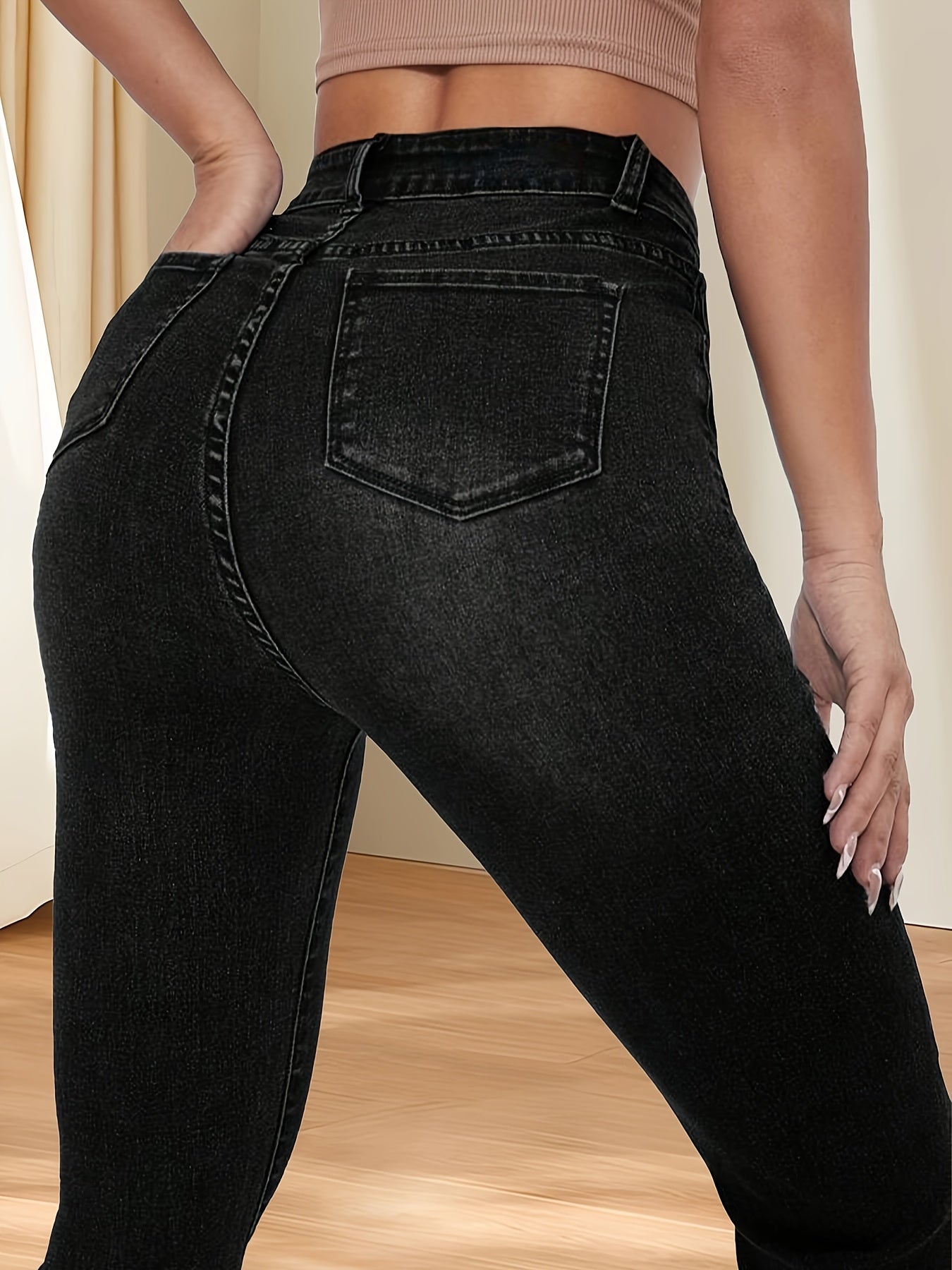 Antmvs Black Slant Pockets Flare Jeans, High Stretch Washed Bell Bottom Jeans, Women's Denim Jeans & Clothing