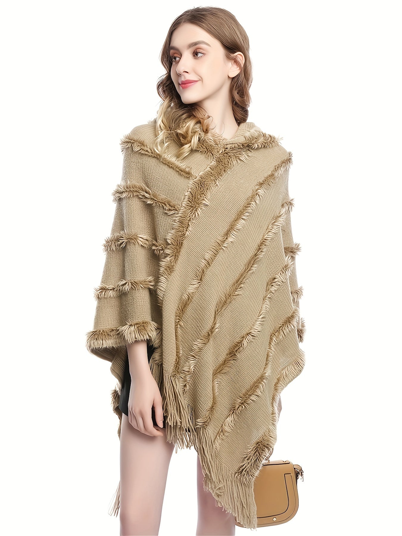 Antmvs Tassel Shawl Hooded Shawl Sweater, Vintage Solid Asymmetrical Hem Poncho Sweater, Women's Clothing