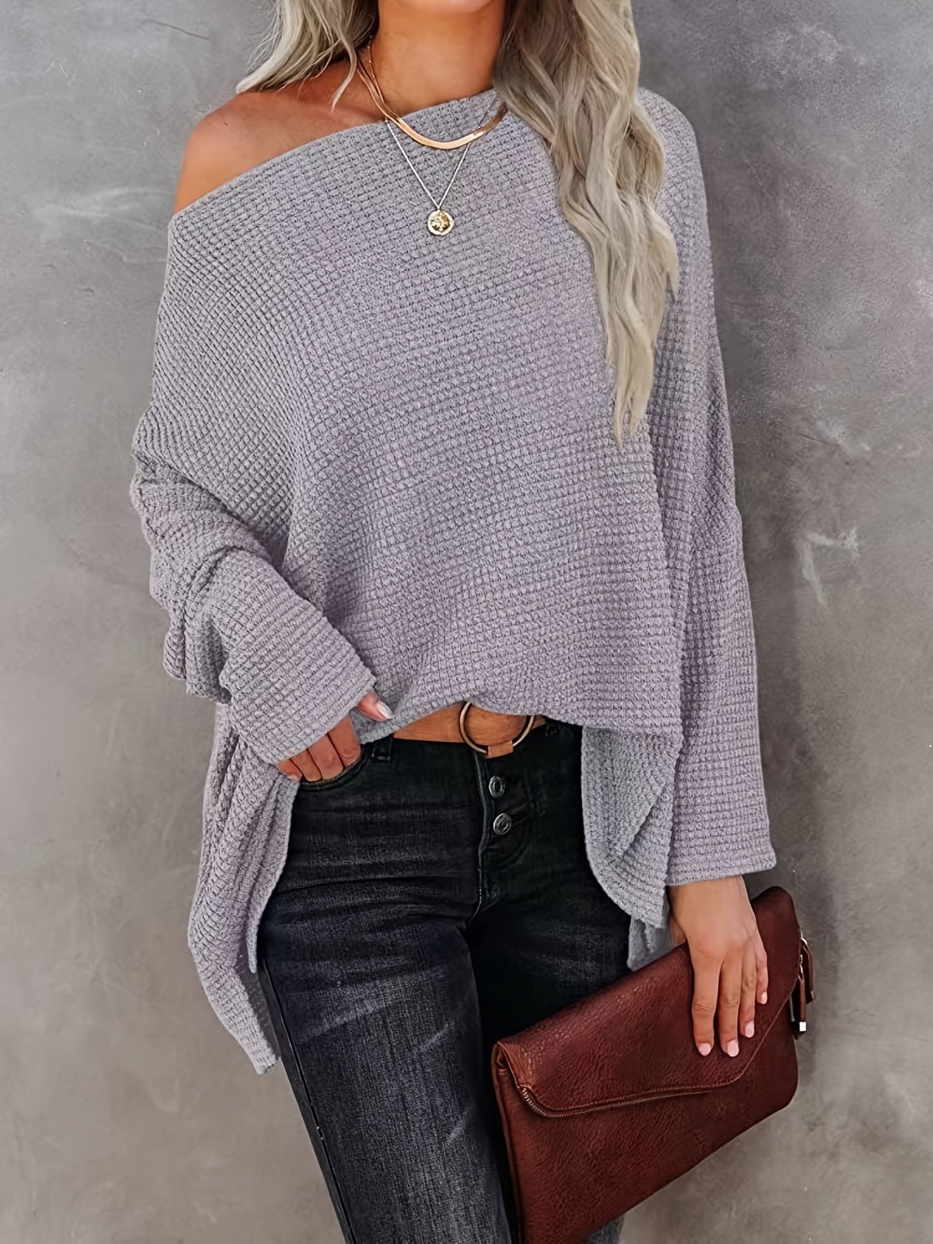 Antmvs Women's Casual Off Shoulder Bat Long Sleeve Waffle Knitted Oversized Pullover Sweater, Casual Tops For Fall & Winter, Women's Clothing