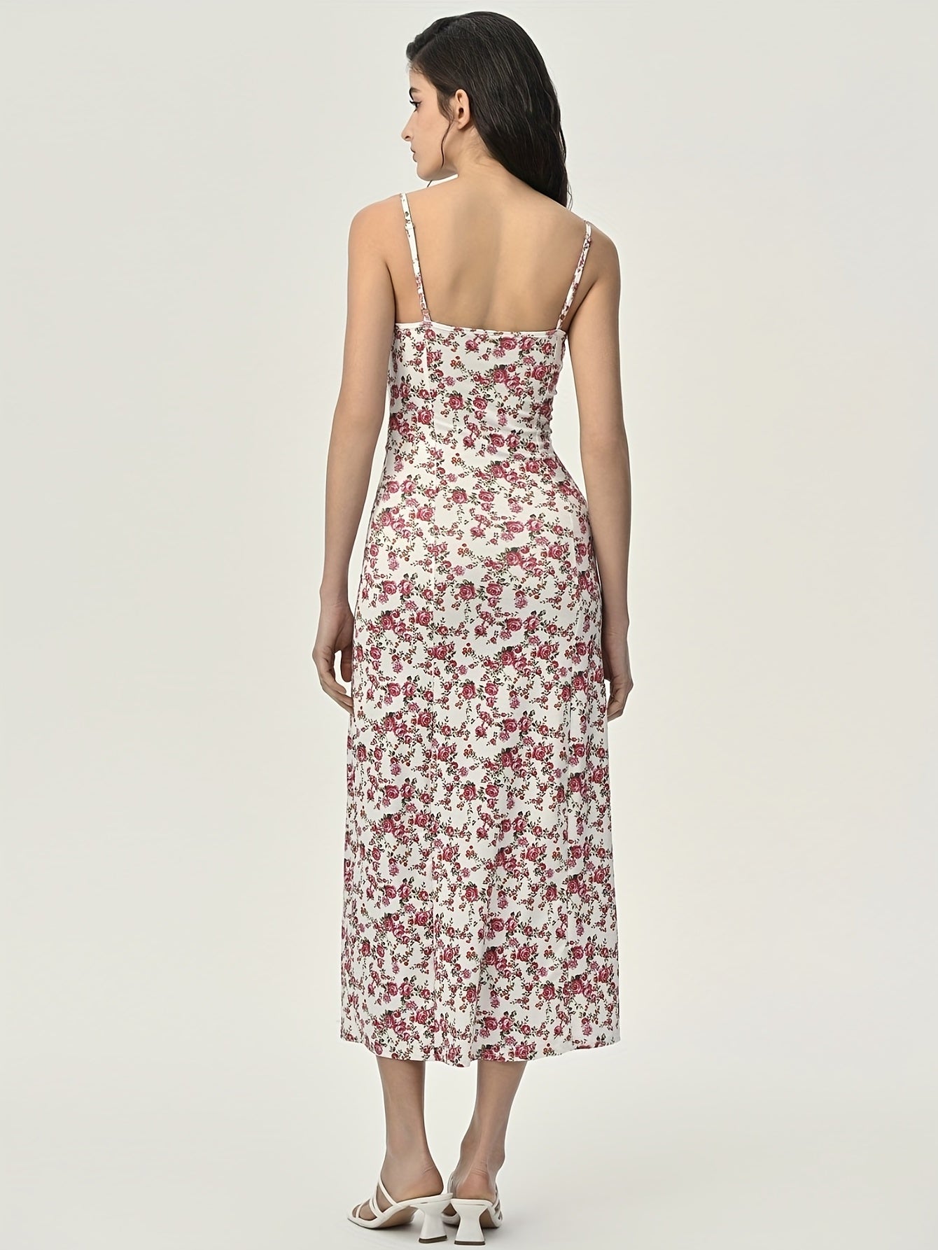 Antmvs Floral Print Spaghetti Dress, Sexy High Split Lace Trim Cami Dress For Spring & Summer, Women's Clothing