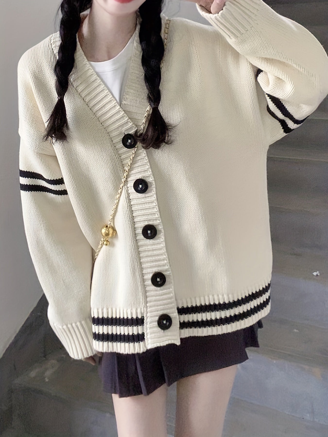 Antmvs Striped Button V-neck Cardigan, Casual Long Sleeve Cardigan For Fall & Winter, Women's Clothing