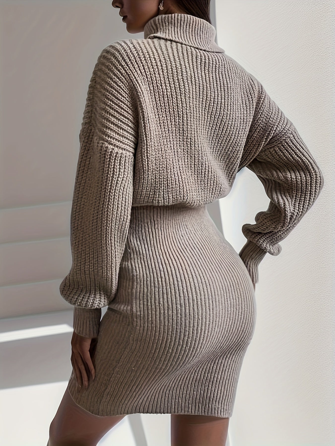 Antmvs Turtleneck Sweater Dress, Casual Solid Long Sleeve Bodycon Dress, Women's Clothing