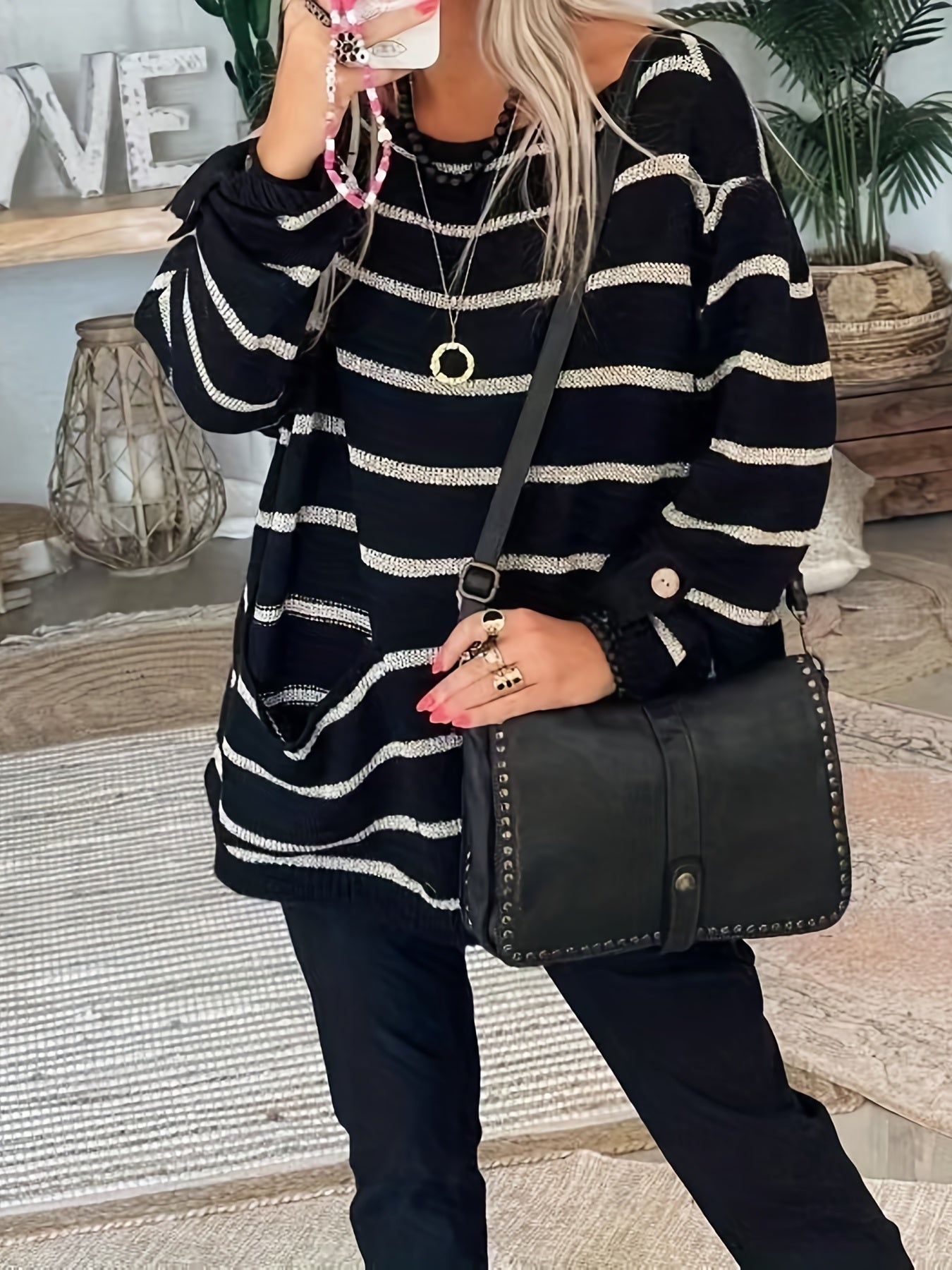 Antmvs Striped Boat Neck Pullover Sweater, Vintage Long Sleeve Pocket Loose Sweater For Spring & Fall, Women's Clothing