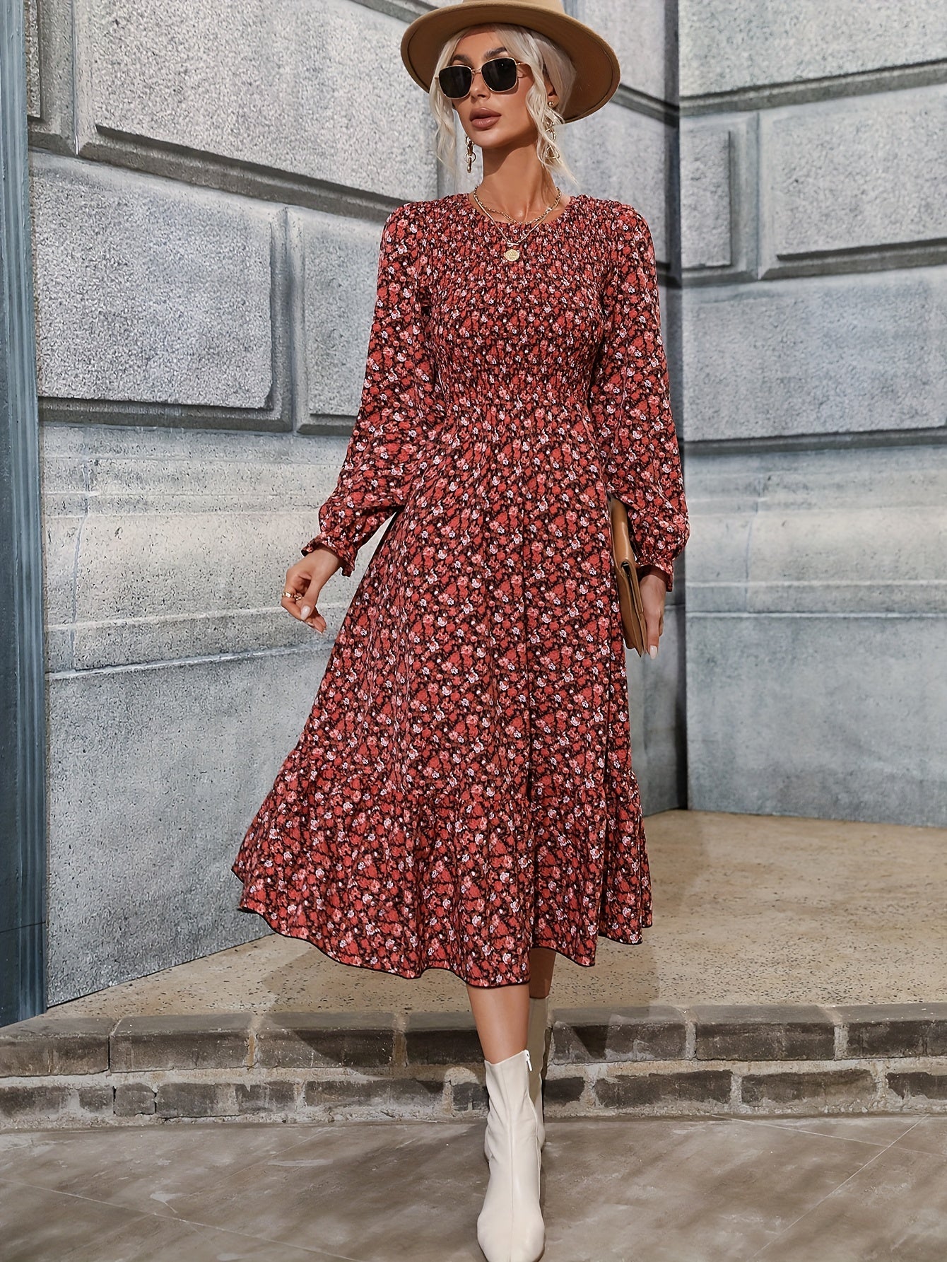 Antmvs Ditsy Floral Print Dress, Elegant Shirred Long Sleeve Midi Dress, Women's Clothing