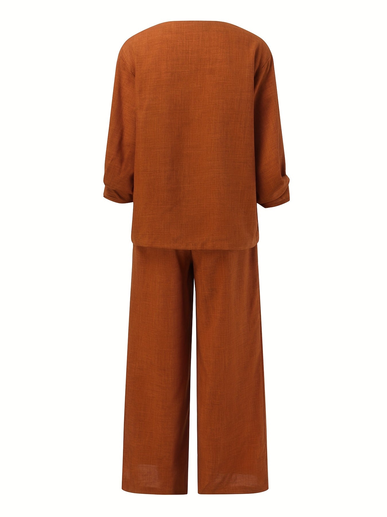 Antmvs Solid Casual Two-piece Set, V Neck Lantern Sleeve Tops & Wide Leg Pants Outfits, Women's Clothing