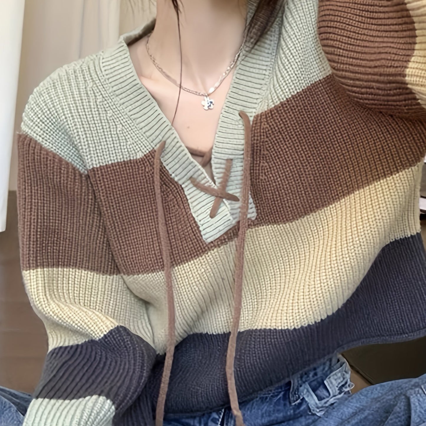 Antmvs Color Block Drawstring Knit Sweater, Casual Long Sleeve Loose Fashion Sweater, Women's Clothing