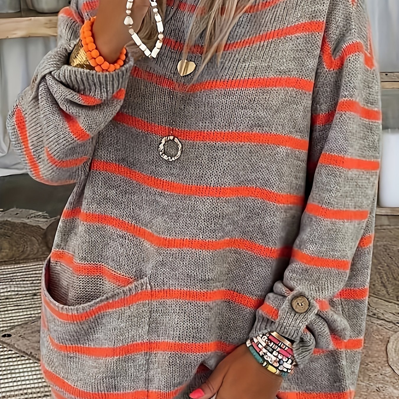 Antmvs Striped Boat Neck Pullover Sweater, Vintage Long Sleeve Pocket Loose Sweater For Spring & Fall, Women's Clothing