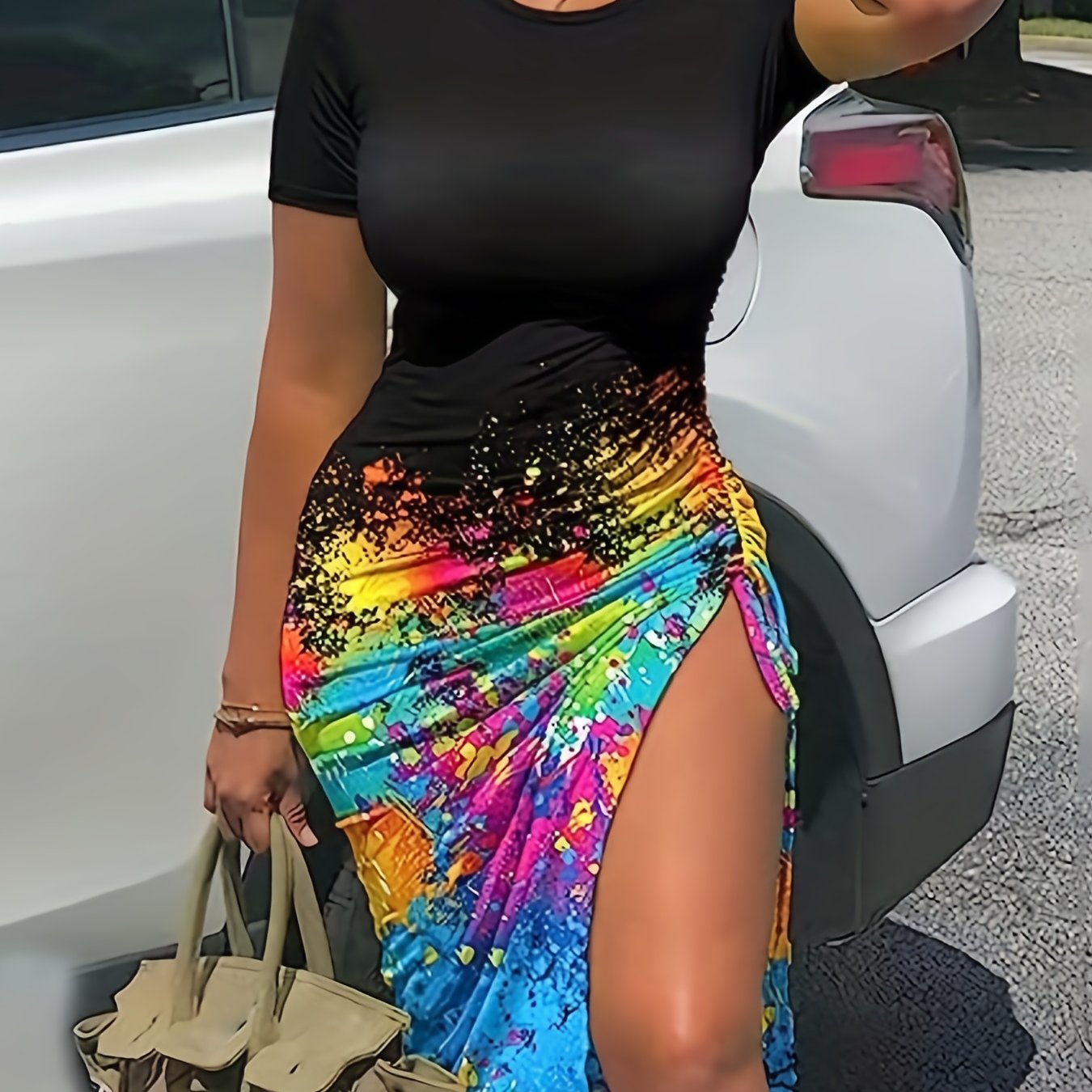 Antmvs Ombre Print Ruched Dress, Side Slit Short Sleeve Crew Neck Casual Dress For Summer & Spring, Women's Clothing