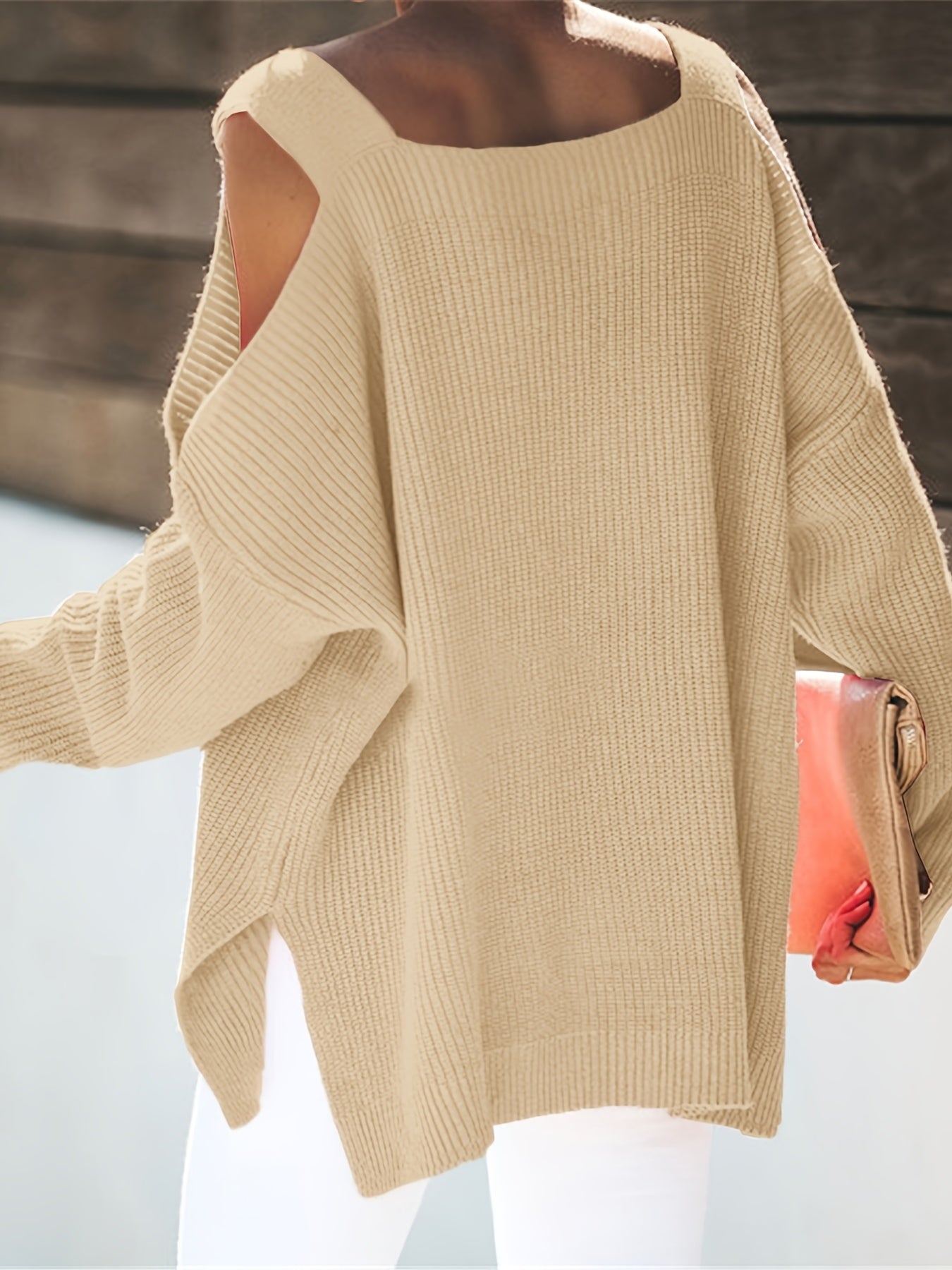 Antmvs Cold Shoulder Oversized Sweater, Casual Long Sleeve Sweater For Fall & Winter, Women's Clothing