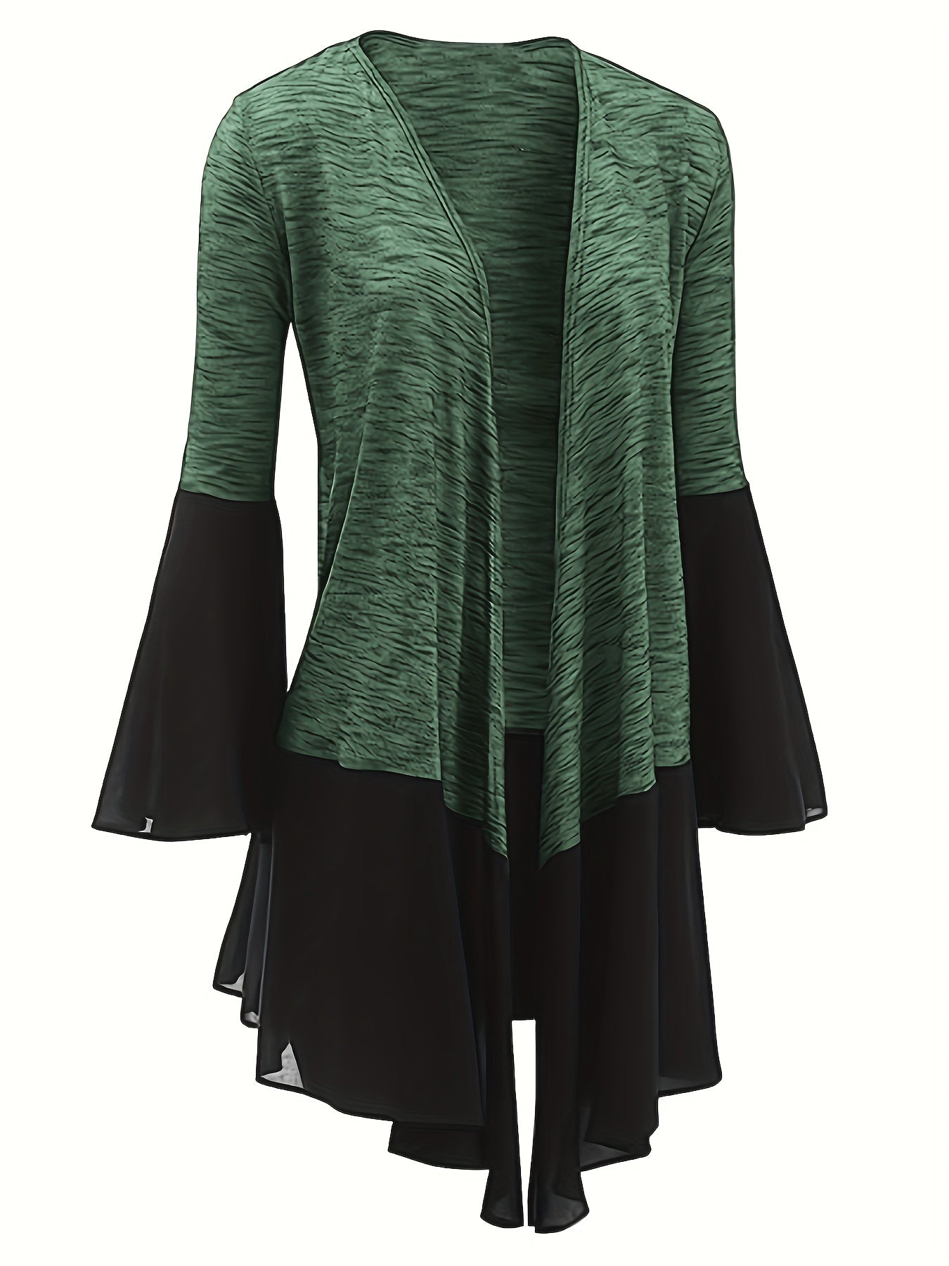 Antmvs Plus Size Elegant Overcoat, Women's Plus Contrast Mesh Bell Sleeve Open Front Slight Stretch Asymmetric Hem Cardigan
