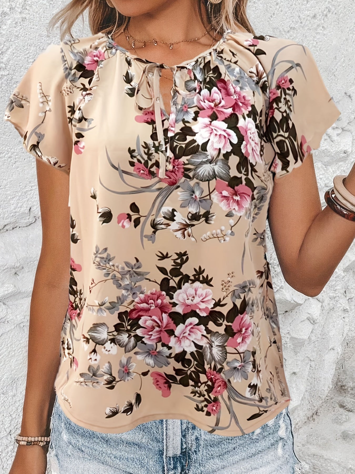 Antmvs Floral Print Drawstring Blouse, Elegant V Neck Short Sleeve Blouse, Women's Clothing