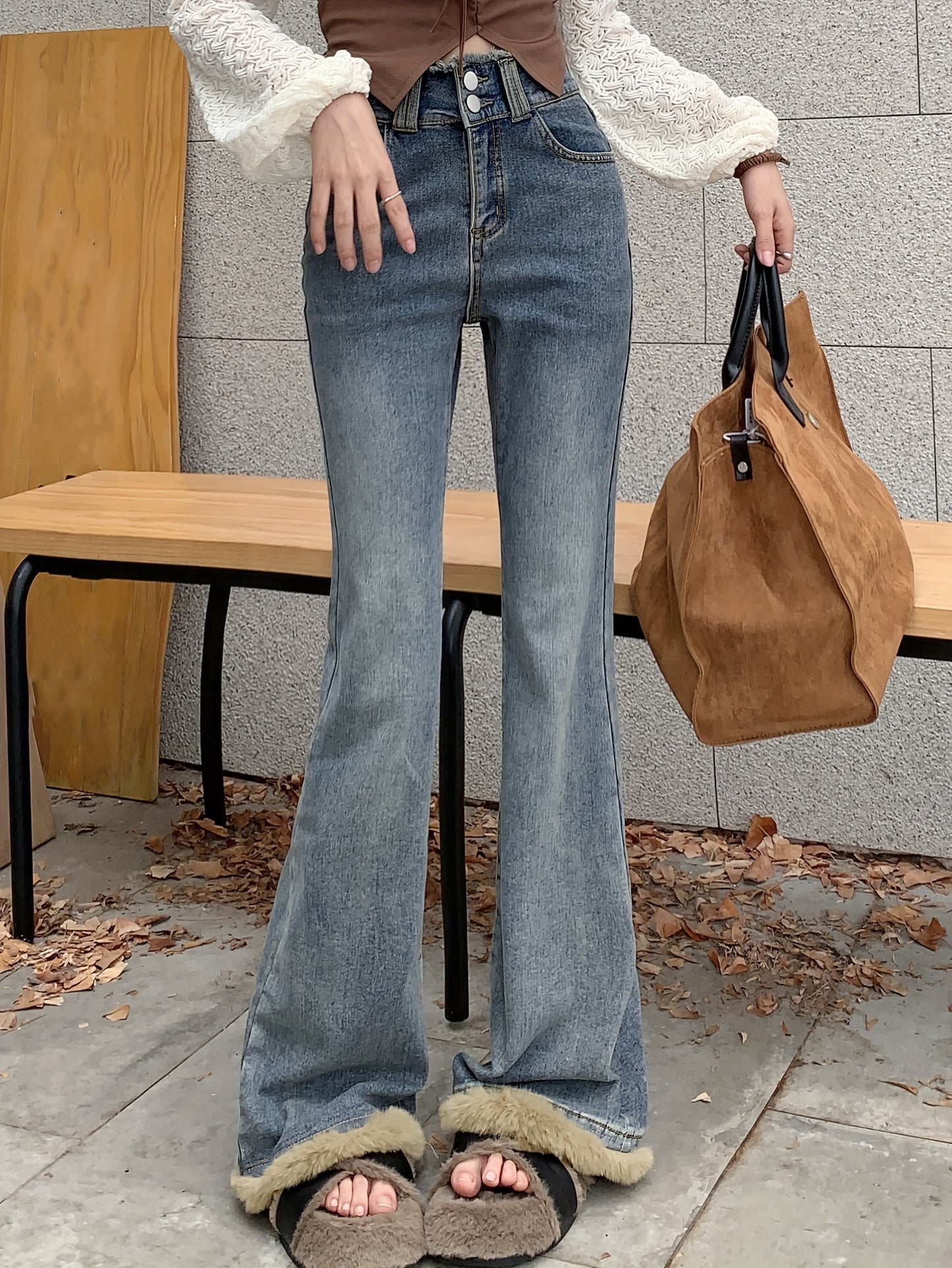 Antmvs High Waist Niche Bootcut Jeans, Plush Stitching Double Button Slant Pockets Denim Pants, Women's Denim Jeans & Clothing