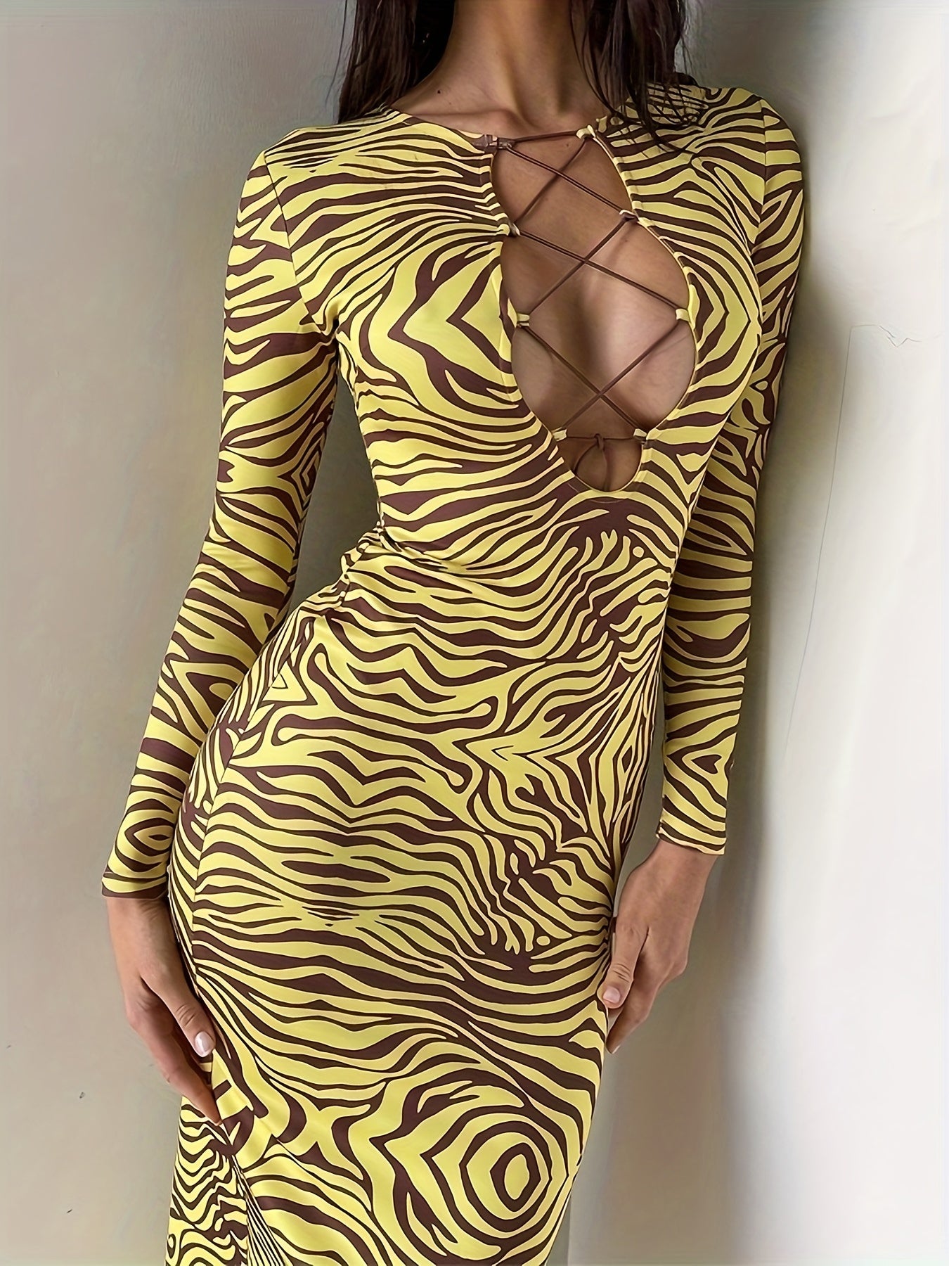 Antmvs Geo Print Bodycon Dress, Tie Front Long Sleeve Midi Dress, Women's Clothing