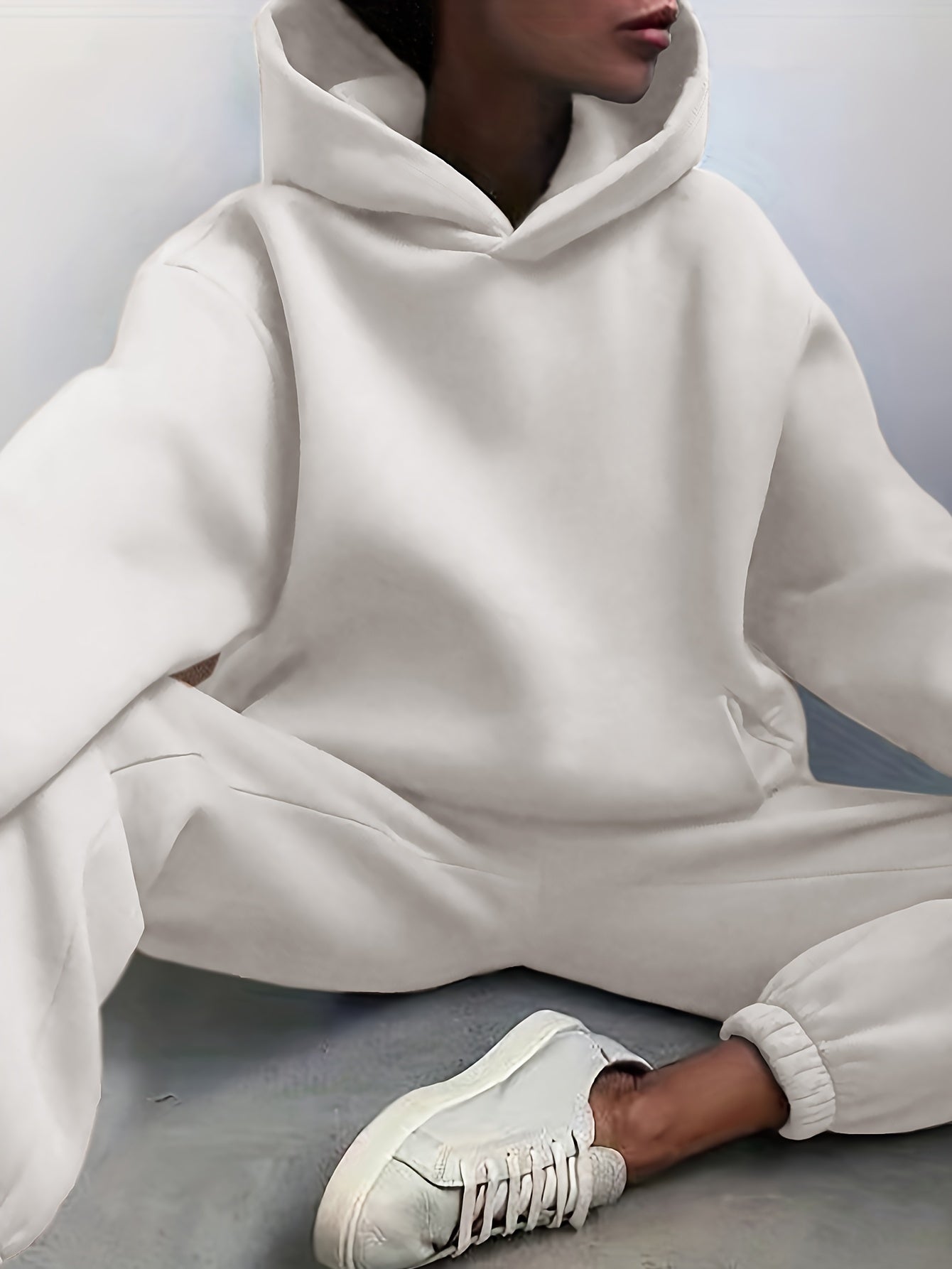 Antmvs Casual Solid Two-piece Set, Drop Shoulder Long Sleeve Hoodies & Elastic Waist Jogger Pants Outfits, Women's Clothing