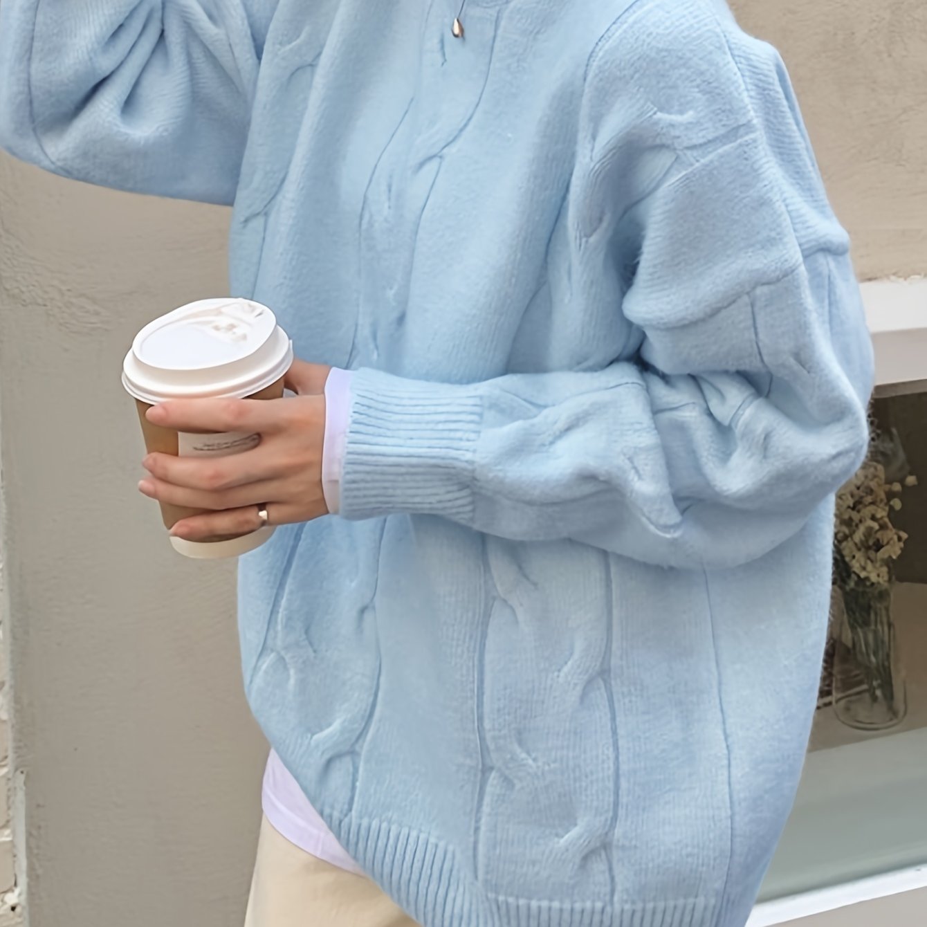 Antmvs Solid Cable Knit Loose Sweater, Casual Crew Neck Long Sleeve Sweater, Women's Clothing