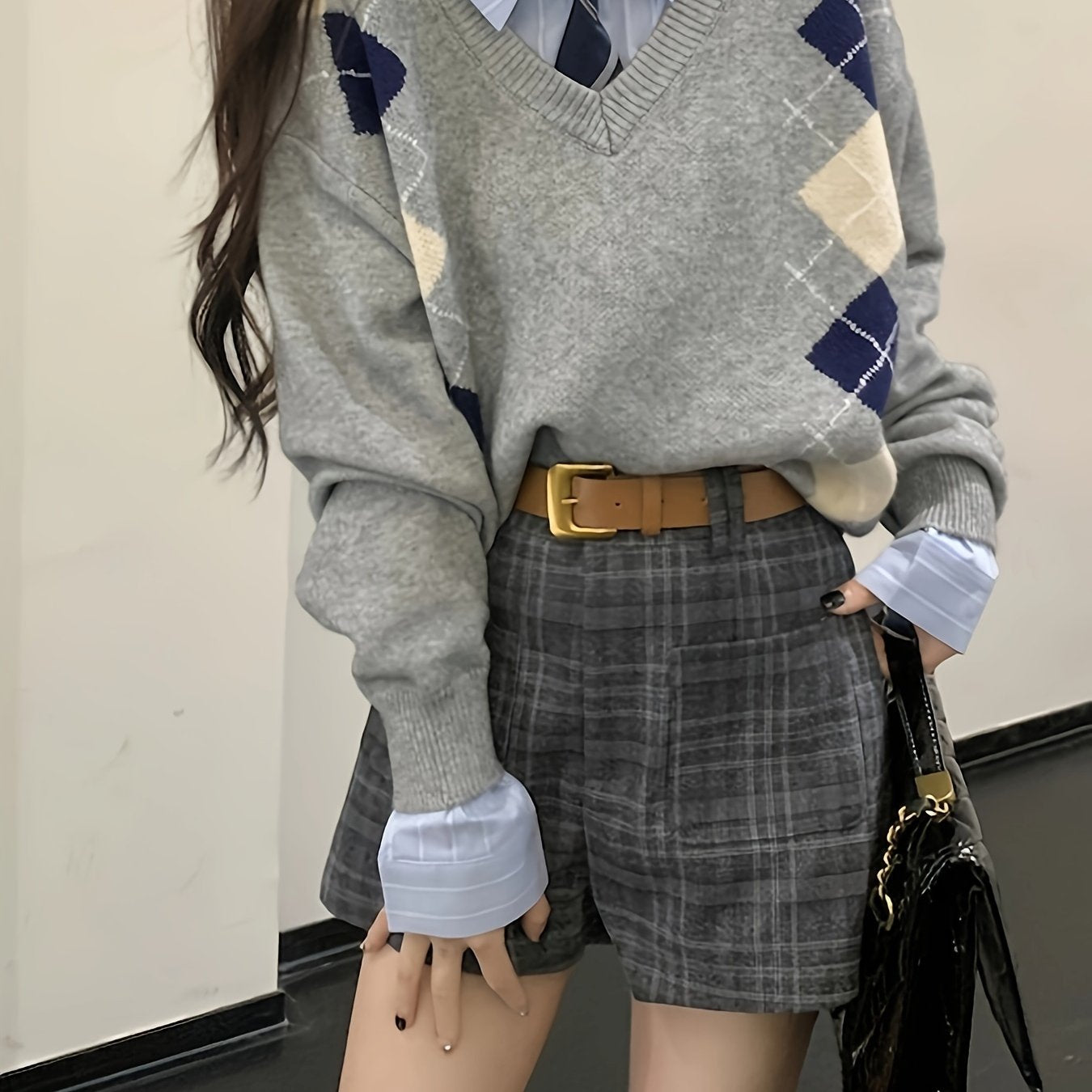 Antmvs Argyle Pattern V Neck Pullover Sweater, Vintage Long Sleeve Loose Sweater For Fall & Winter, Women's Clothing