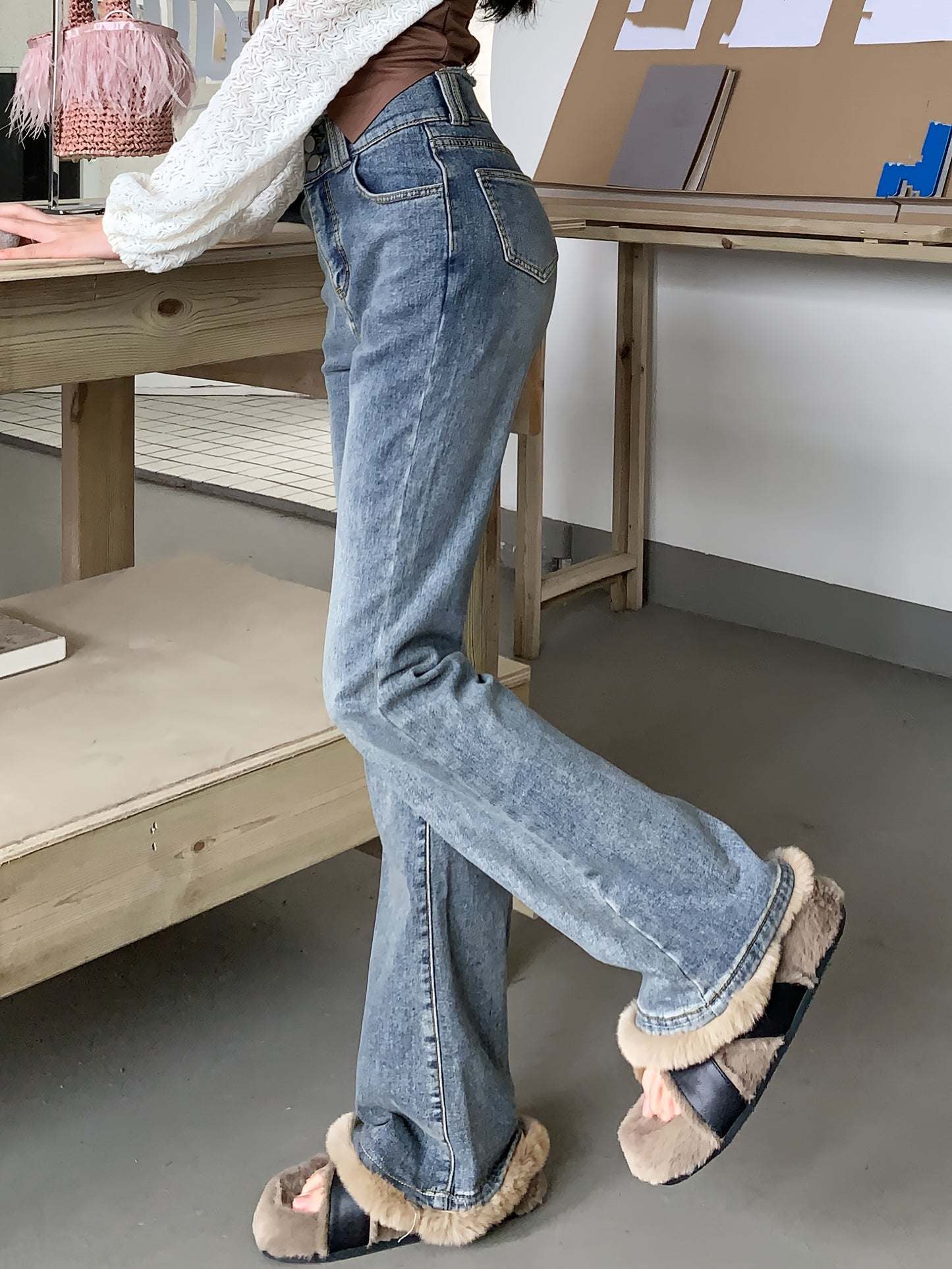 Antmvs High Waist Niche Bootcut Jeans, Plush Stitching Double Button Slant Pockets Denim Pants, Women's Denim Jeans & Clothing