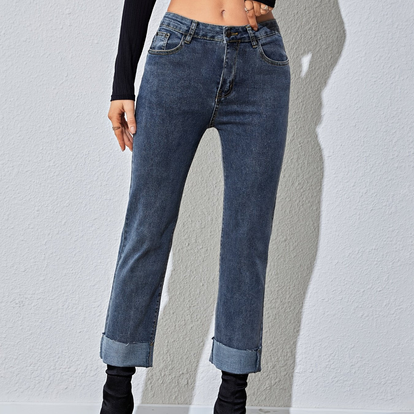 Antmvs Raw Hem Rolled Legs Mid Rise Slim Fit Straight Legs High Stretchy Washed Blue Color Vintage Straight Jeans, Women's Denim Jeans