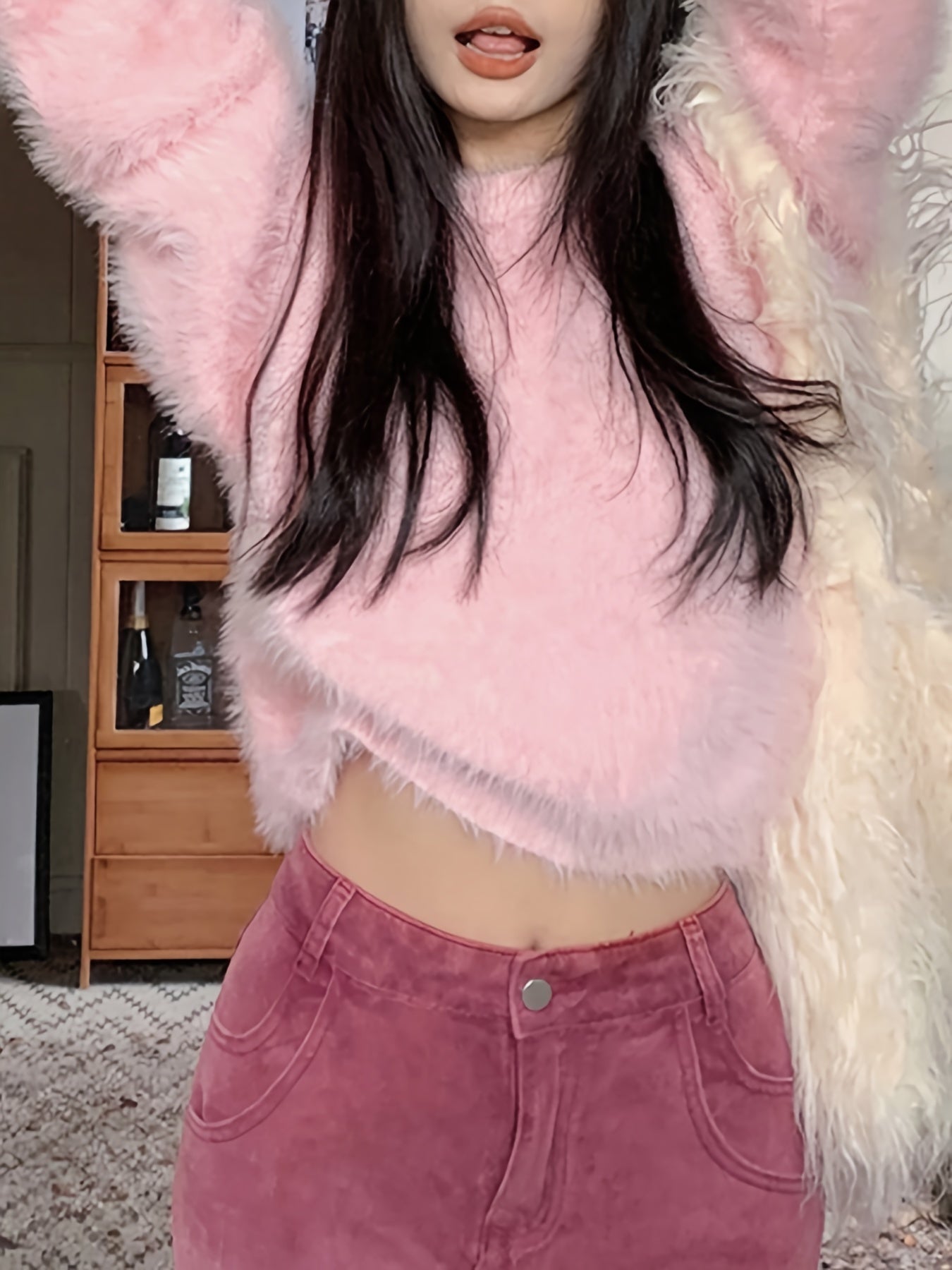 Antmvs Solid Color Faux Fur Crew Neck Sweater, Chic Long Sleeve Sweater For Fall & Winter, Women's Clothing