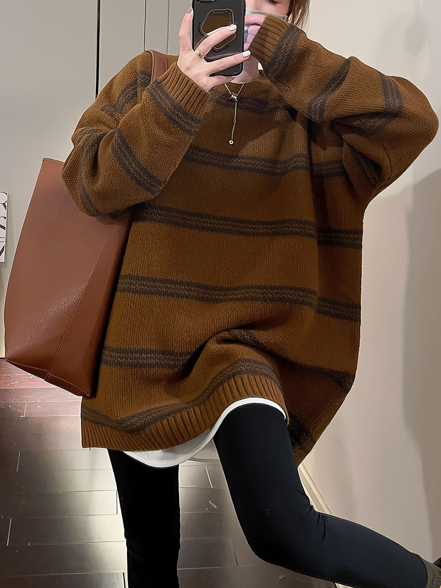 Antmvs Striped Crew Neck Pullover Sweater, Vintage Long Sleeve Oversized Slouchy Sweater, Women's Clothing