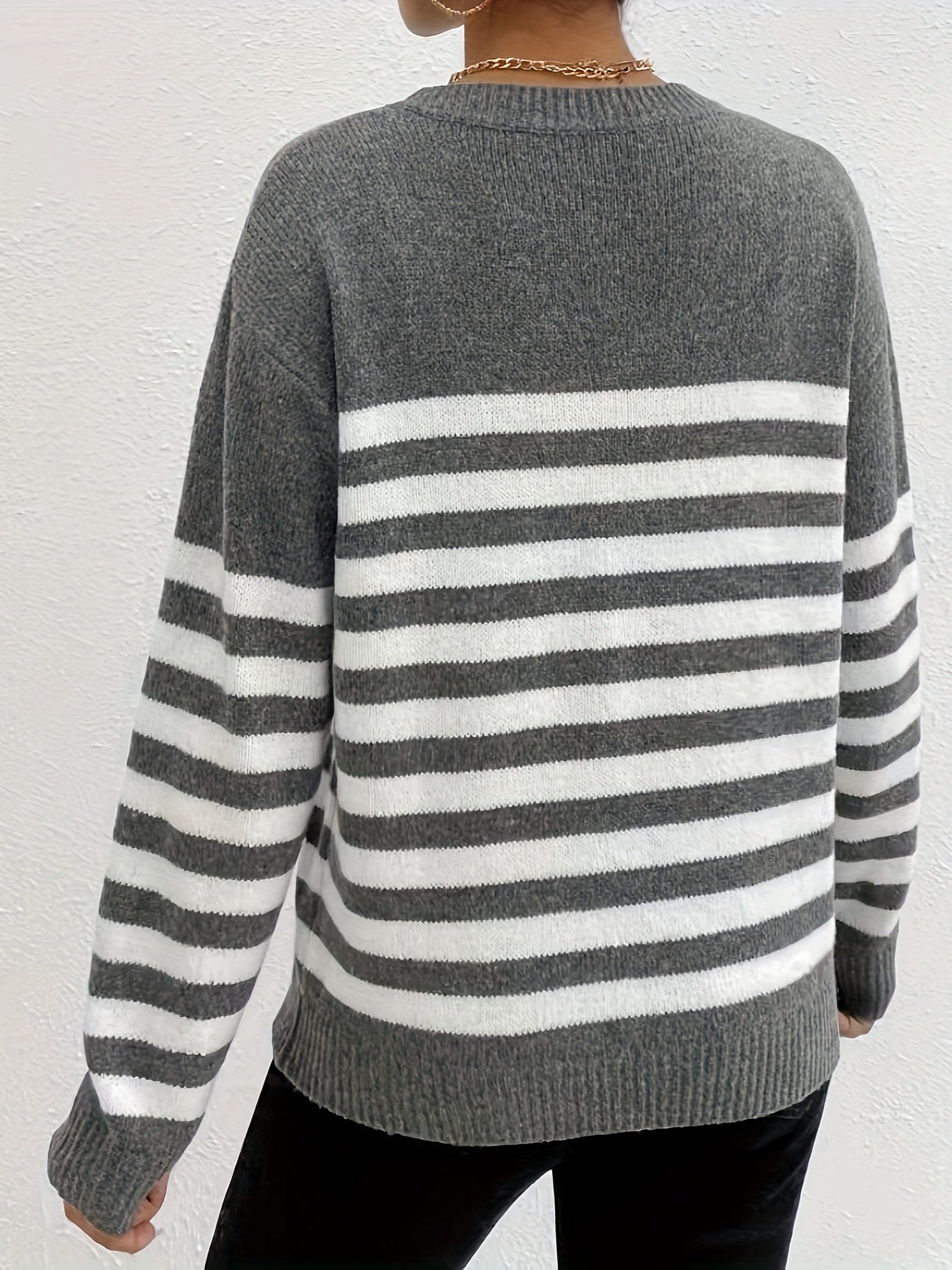 Antmvs Striped Crew Neck Pullover Sweater, Casual Long Sleeve Loose Knit Sweater, Women's Clothing