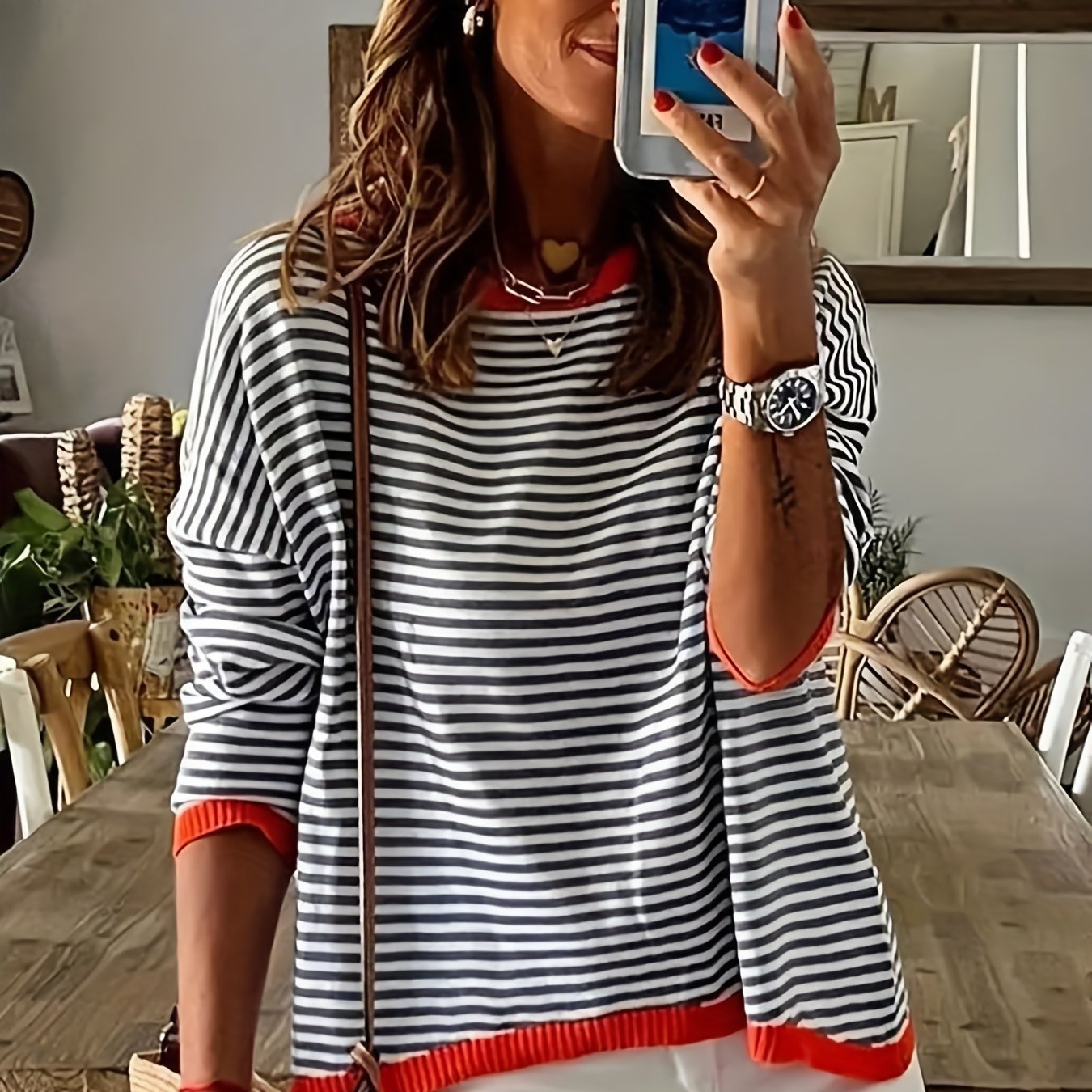 Antmvs Striped Print Crew Neck Knit Sweater, Casual Long Sleeve Versatile Sweater, Women's Clothing