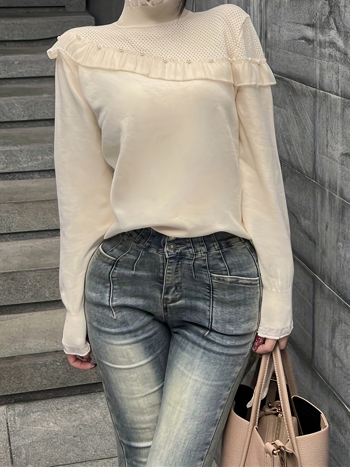 Antmvs Beaded Lace Trim Turtle Neck Knitted Top, Elegant Long Sleeve Slim Sweater For Spring & Fall, Women's Clothing