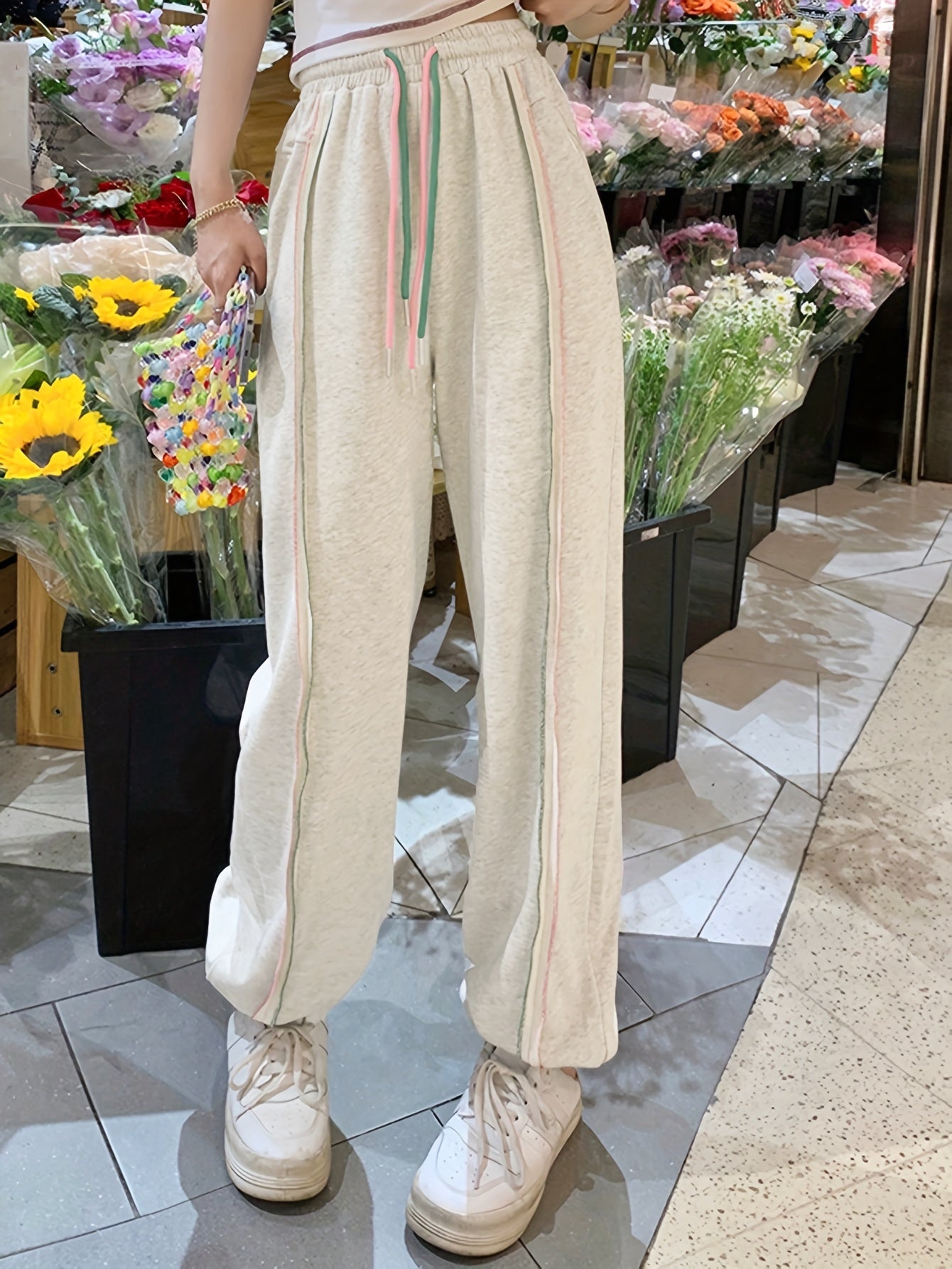 Antmvs Top-stitching Baggy Jogger Pants, Casual Drawstring Sporty Pants With Pocket, Women's Clothing