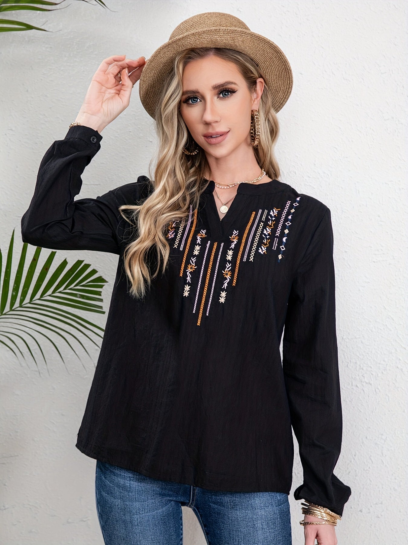 Antmvs Embroidery Ethnic Style V-neck Shirt, Casual Long Sleeve Spring & Autumn Shirts Tops, Women's Clothing