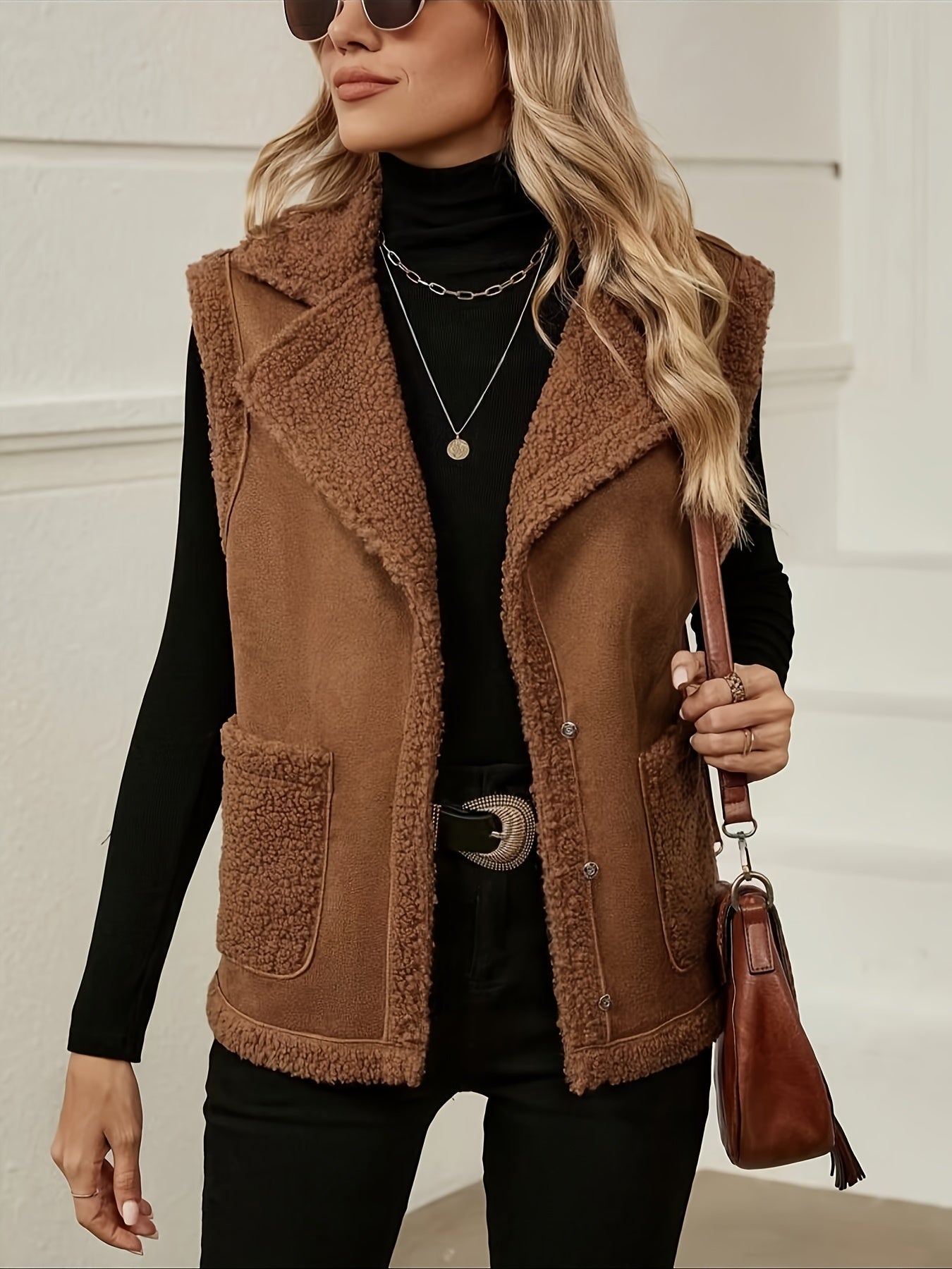 Antmvs Solid Patched Pockets Lapel Vest, Vintage Sleeveless Outwear For Fall & Winter, Women's Clothing