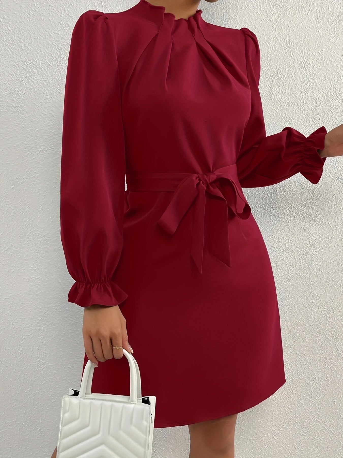 Antmvs Tucked Solid Dress, Elegant Mock Neck Lantern Sleeve Dress, Women's Clothing