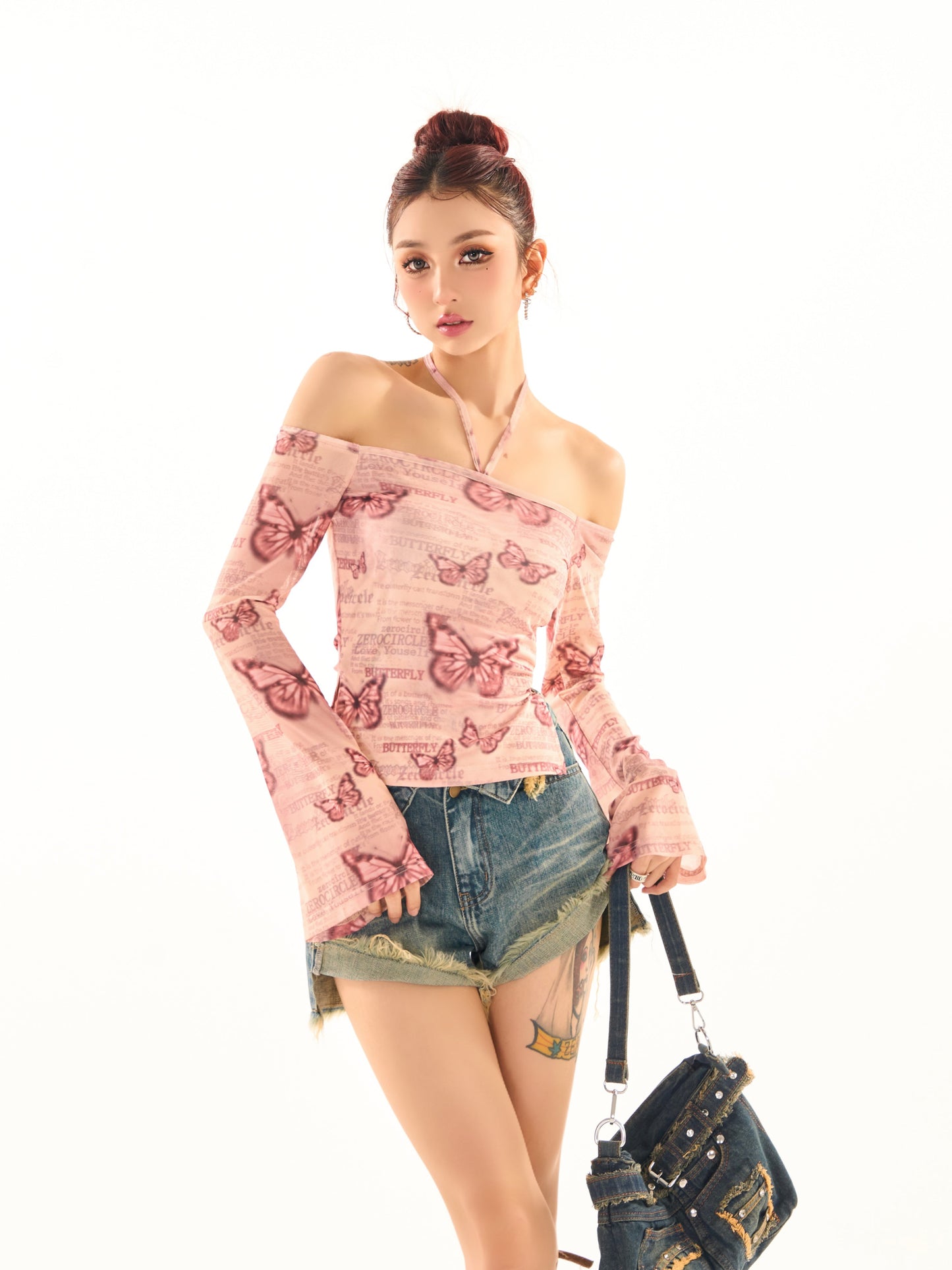 Antmvs Maribella Pink Butterfly Print Long Bell Sleeve Off-the-Shoulder Slim Cropped Top