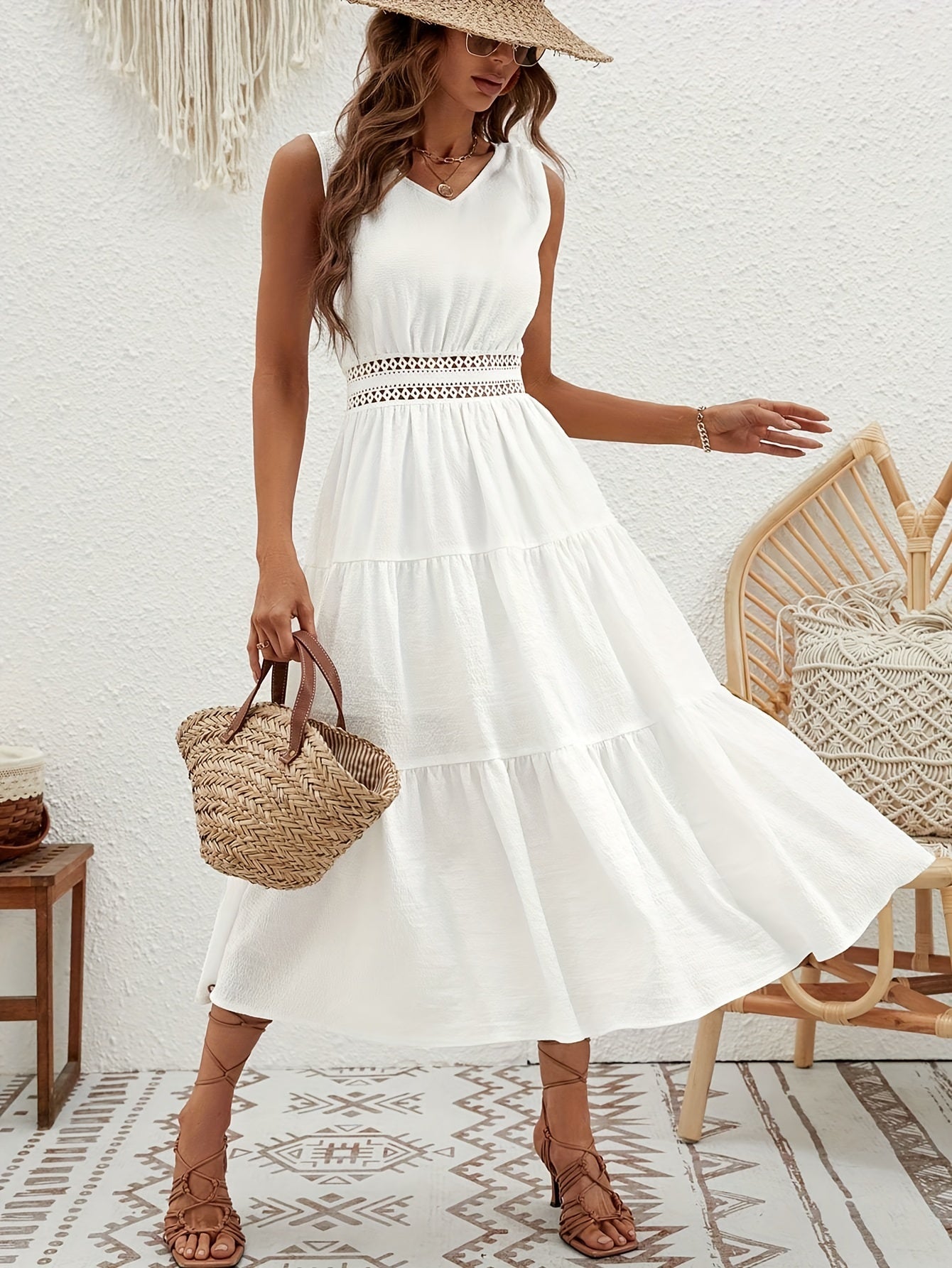 Antmvs Tie Back Solid Midi Dress, Casual V Neck Sleeveless Tiered Dress, Women's Clothing