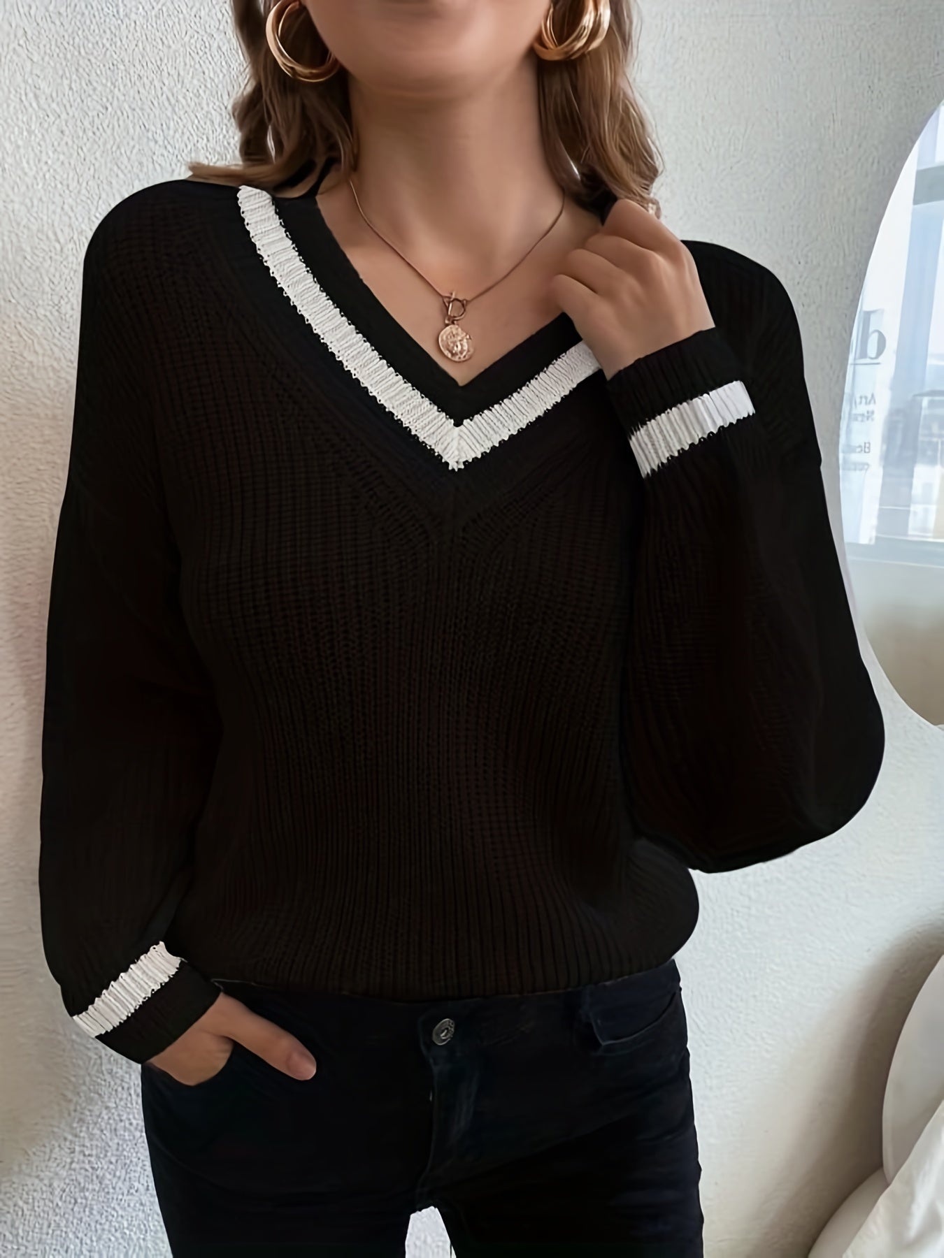 Antmvs Preppy Color Block Pullover Sweater, Casual Long Sleeve V Neck Sweater For Spring & Fall, Women's Clothing