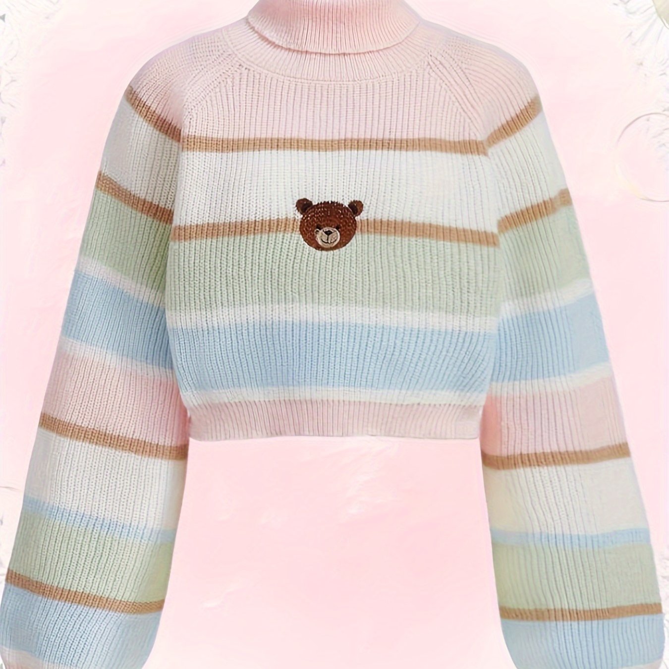 Antmvs Bear Pattern Striped Pullover Sweater, Cute Turtle Neck Long Sleeve Crop Sweater, Women's Clothing