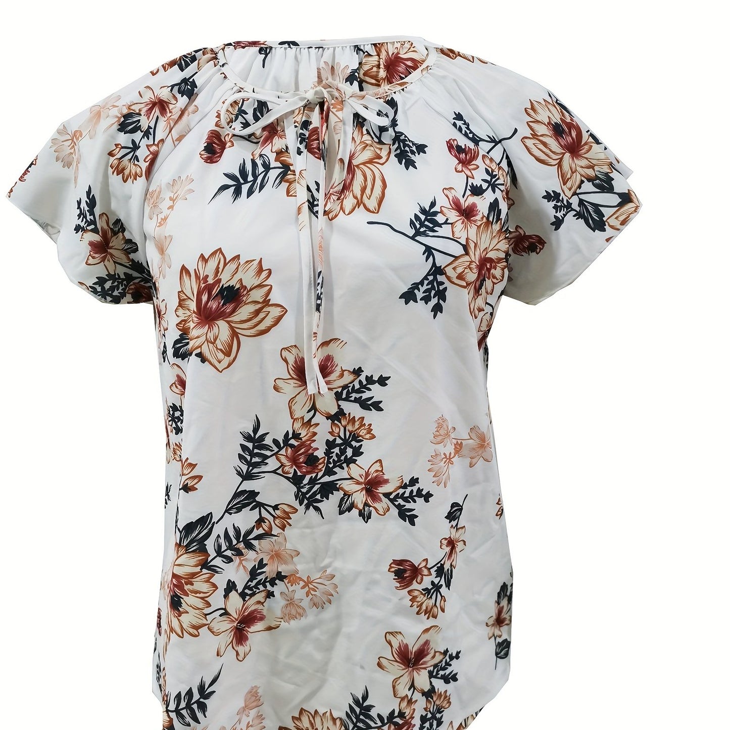 Antmvs Floral Print Drawstring Blouse, Elegant V Neck Short Sleeve Blouse, Women's Clothing