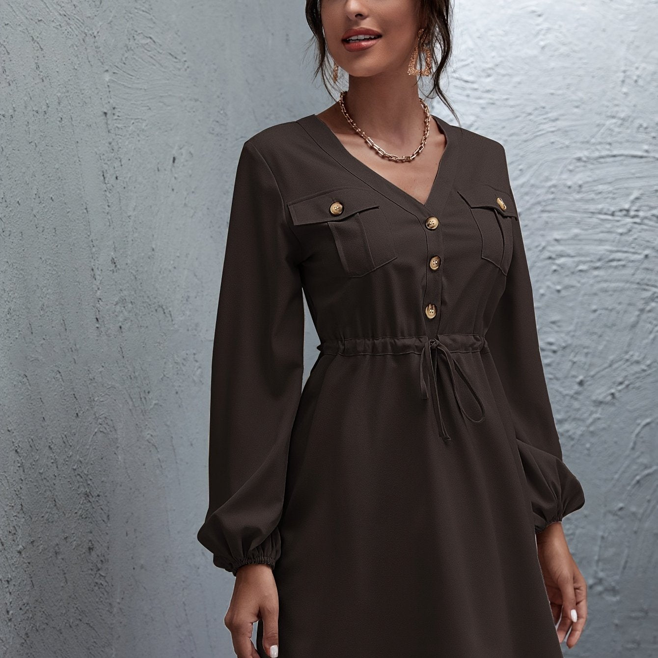 Antmvs Ditsy Floral Print Dress, Elegant V Neck Long Sleeve Dress With Buttons, Women's Clothing