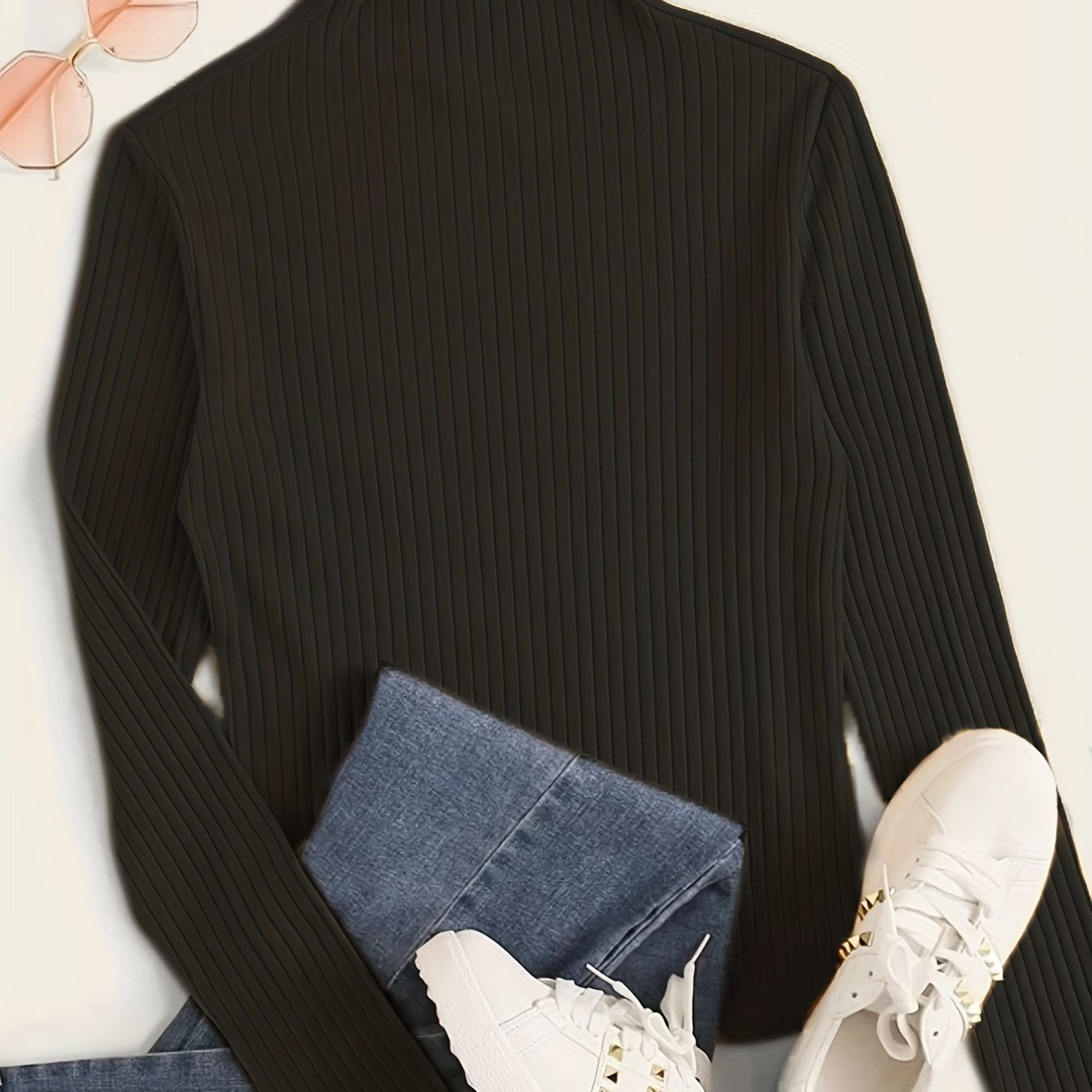 Antmvs Solid Ribbed Mock Neck T-Shirt, Casual Long Sleeve Top For Spring & Fall, Women's Clothing