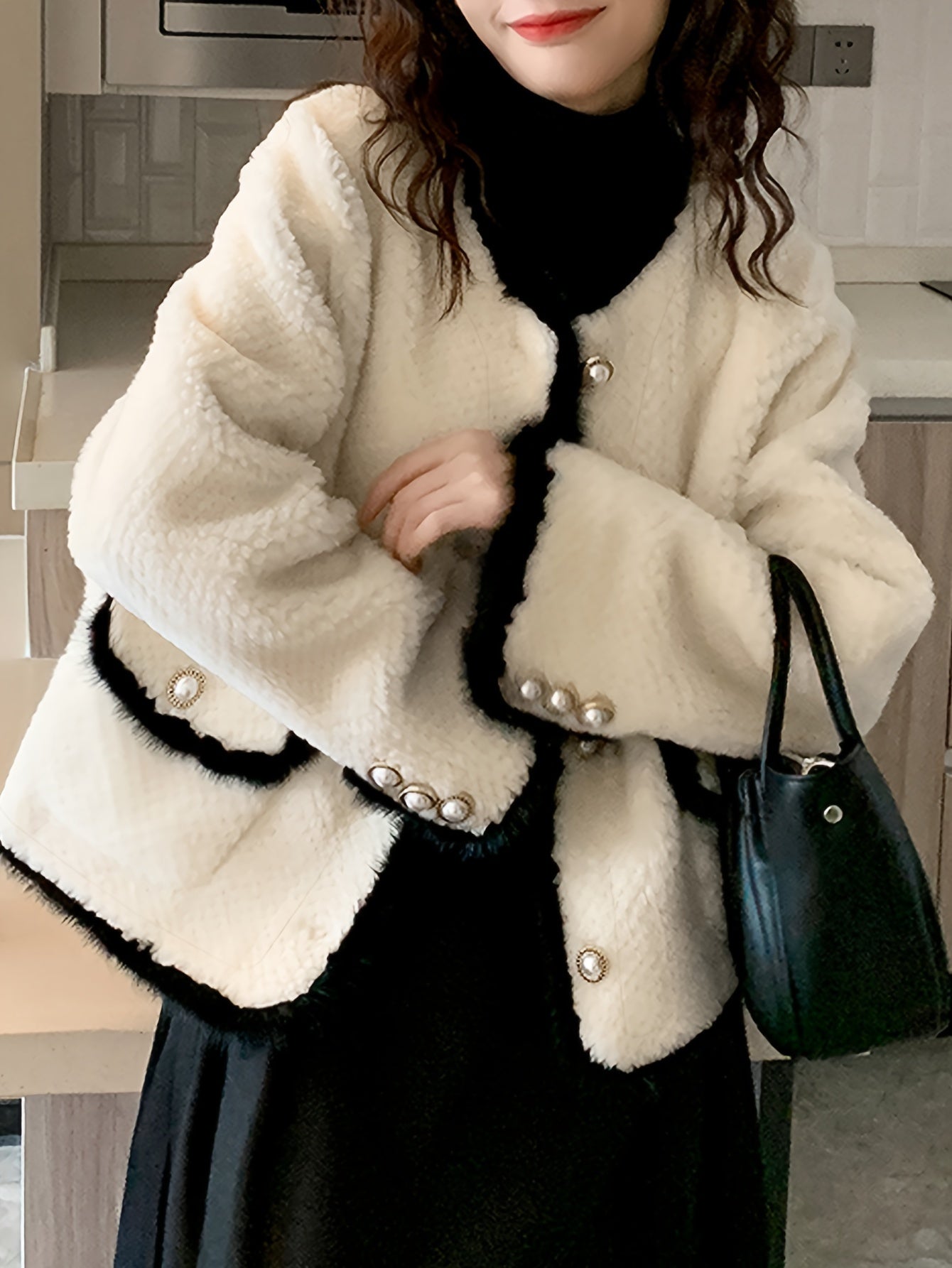 Antmvs Contrast Trim Open Front Outer Top, Elegant Flap Pockets Single Breasted Long Sleeve Coat For Fall & Winter, Women's Clothing